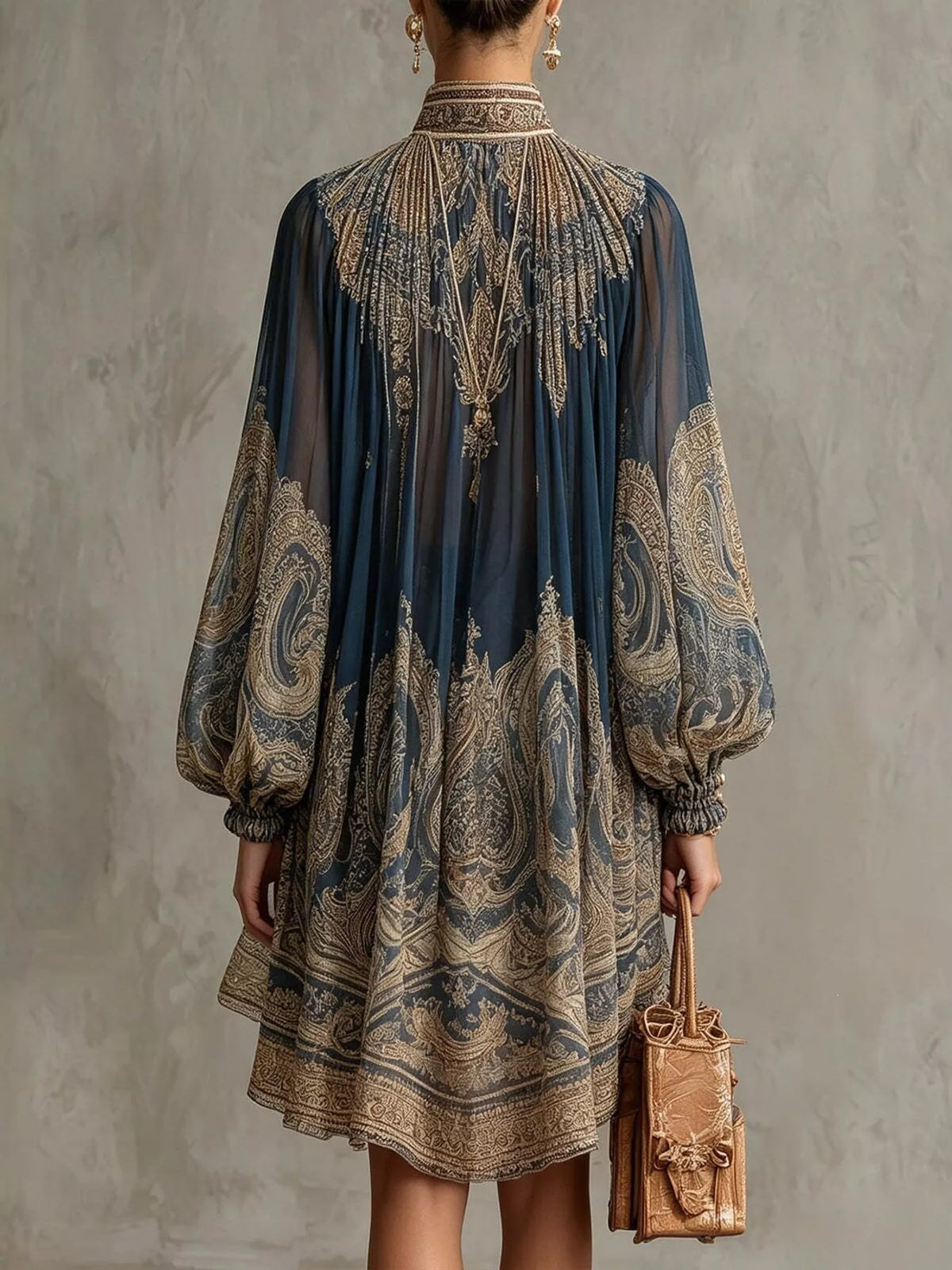 Women's Paisley Print Chiffon High-Low Mini Dress in navy and tan — back view