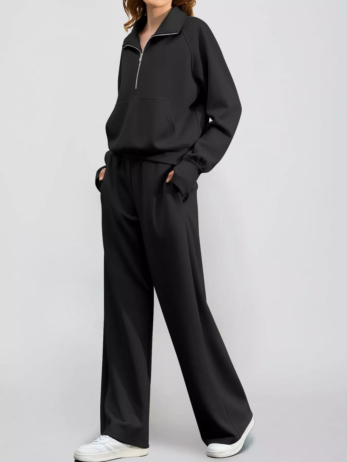Half-zip top and pants set, black angled front