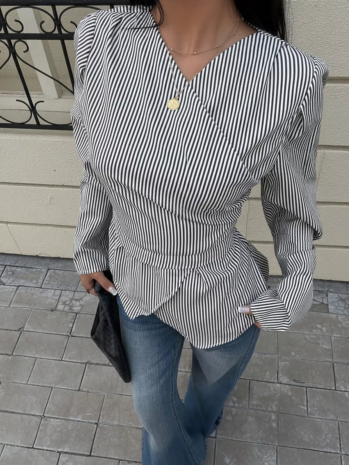 V-neck long sleeve blouse, construction and design details