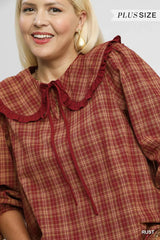 Trendsi Umgee Full Size Plaid Ruffle Collar Blouse Plus Size -