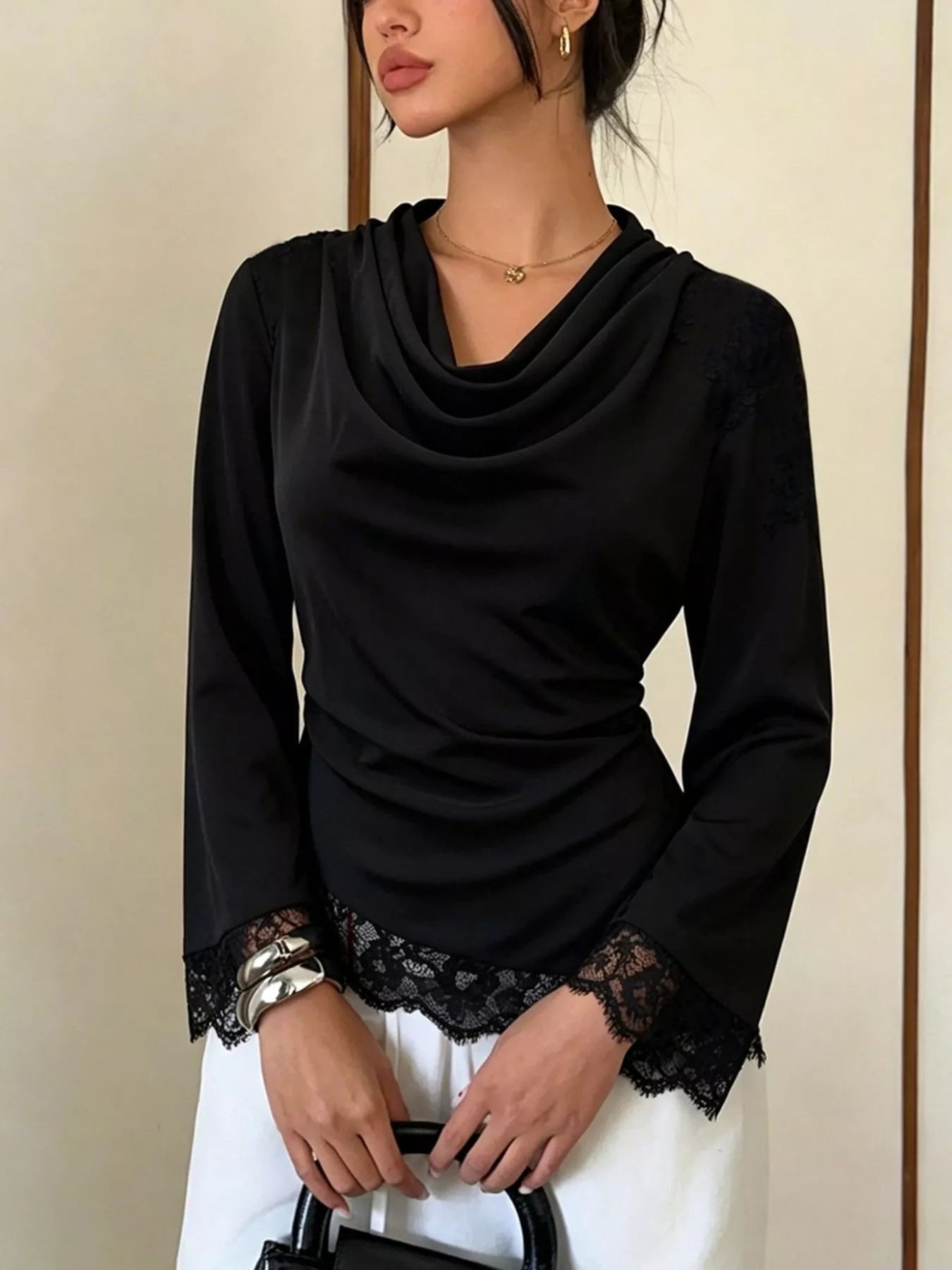 Trendsi Lace Trim Cowl Neck Blouse -