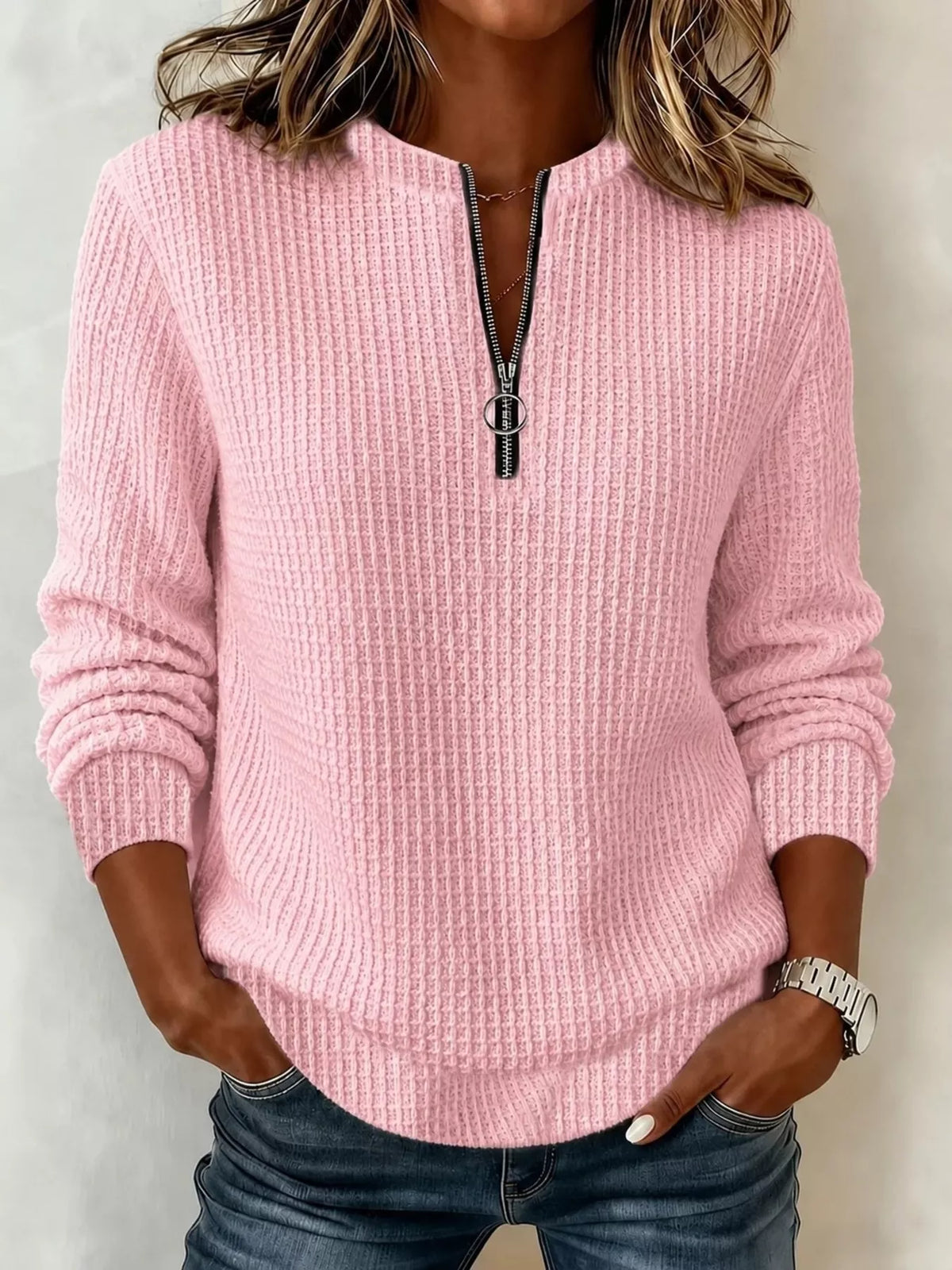 Pink quarter-zip textured sweatshirt