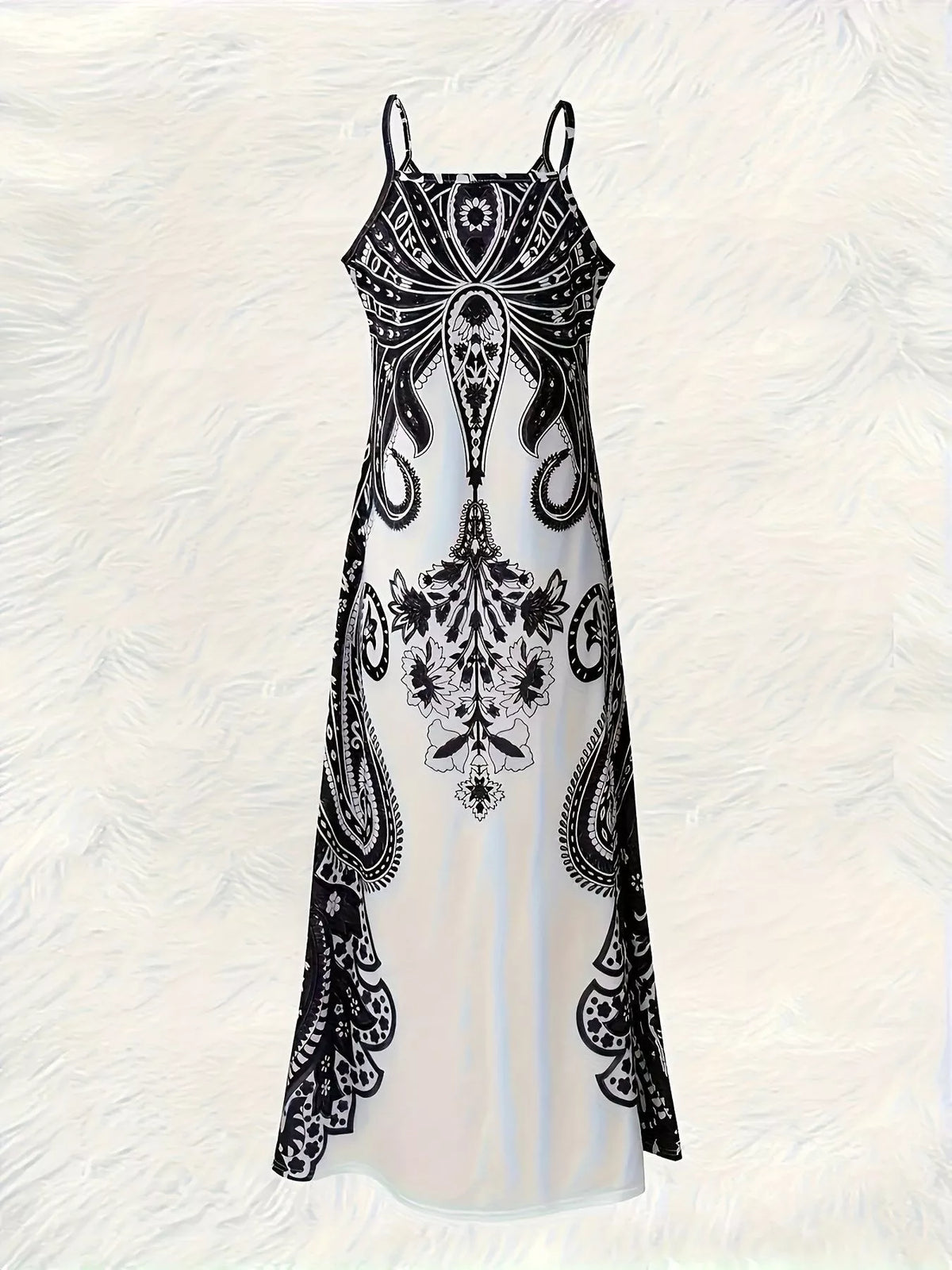 Black and white printed spaghetti strap maxi dress, back view