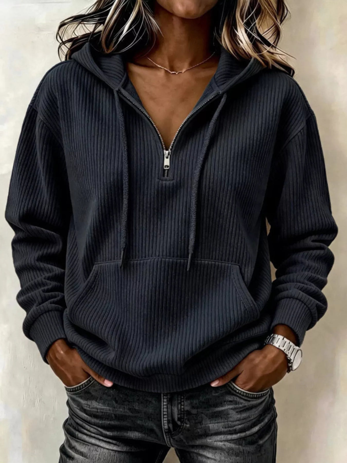 Ribbed Knit Quarter-Zip Hoodie, front view