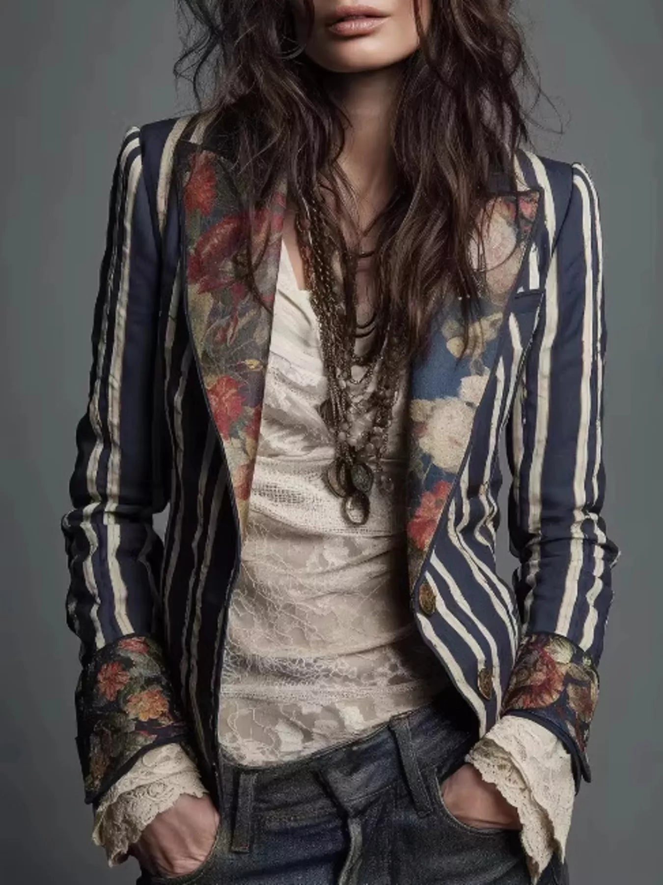 Trendsi Striped Floral Contrast Slim Fit Blazer -