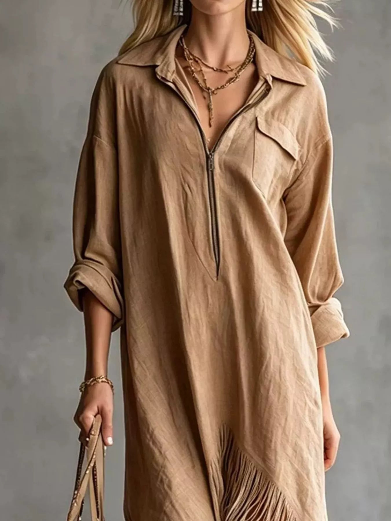 Trendsi Fringe Hem Zip-Up Shirt Dress -