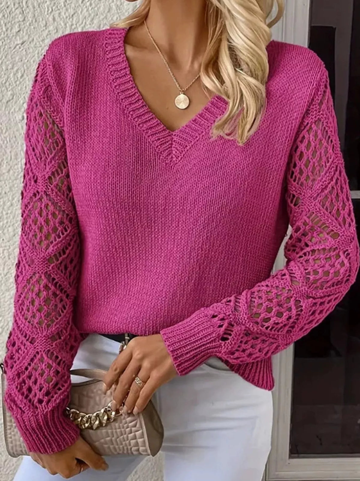 Fuchsia v neck openwork long sleeve sweater, front view