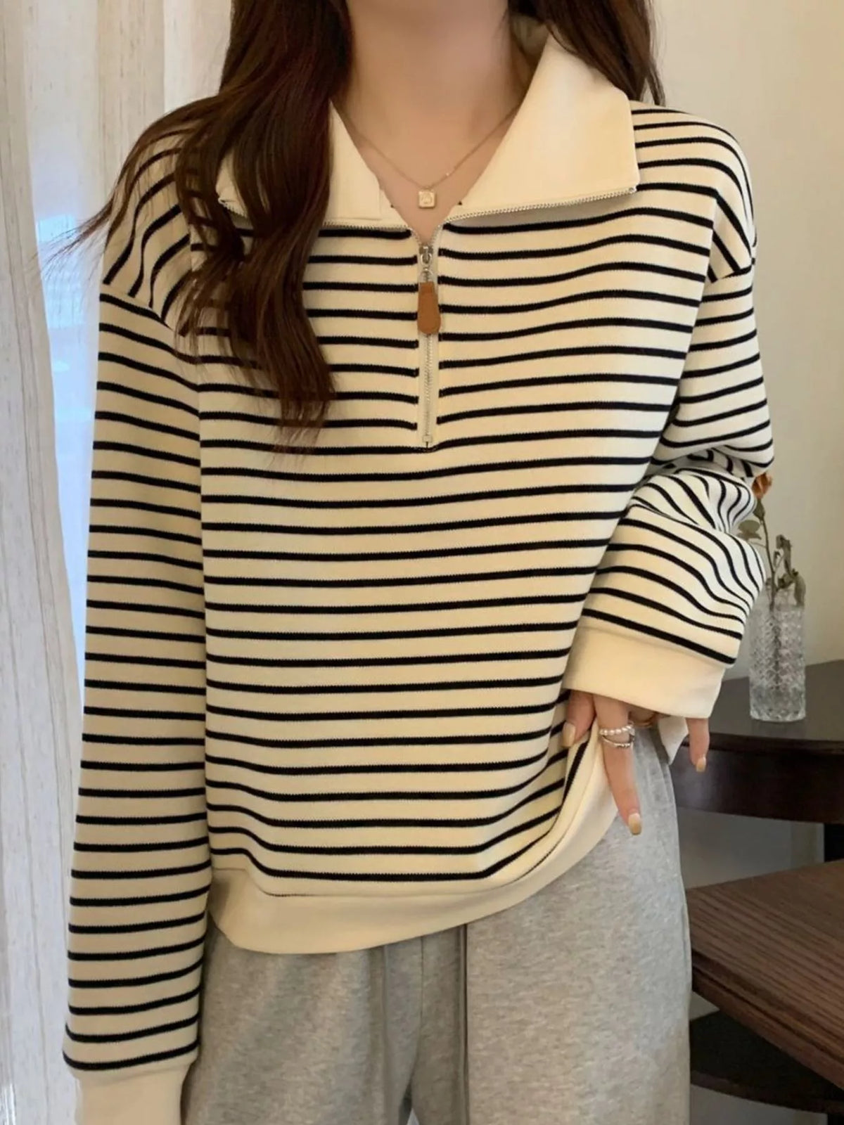 Striped Quarter-Zip Pullover Sweatshirt in apricot