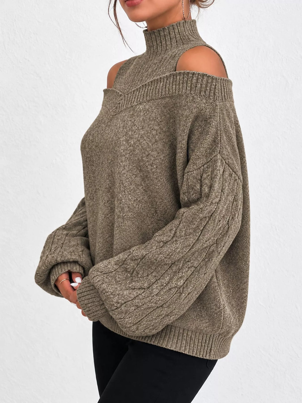 Taupe cold shoulder mock neck cable knit sweater, side view