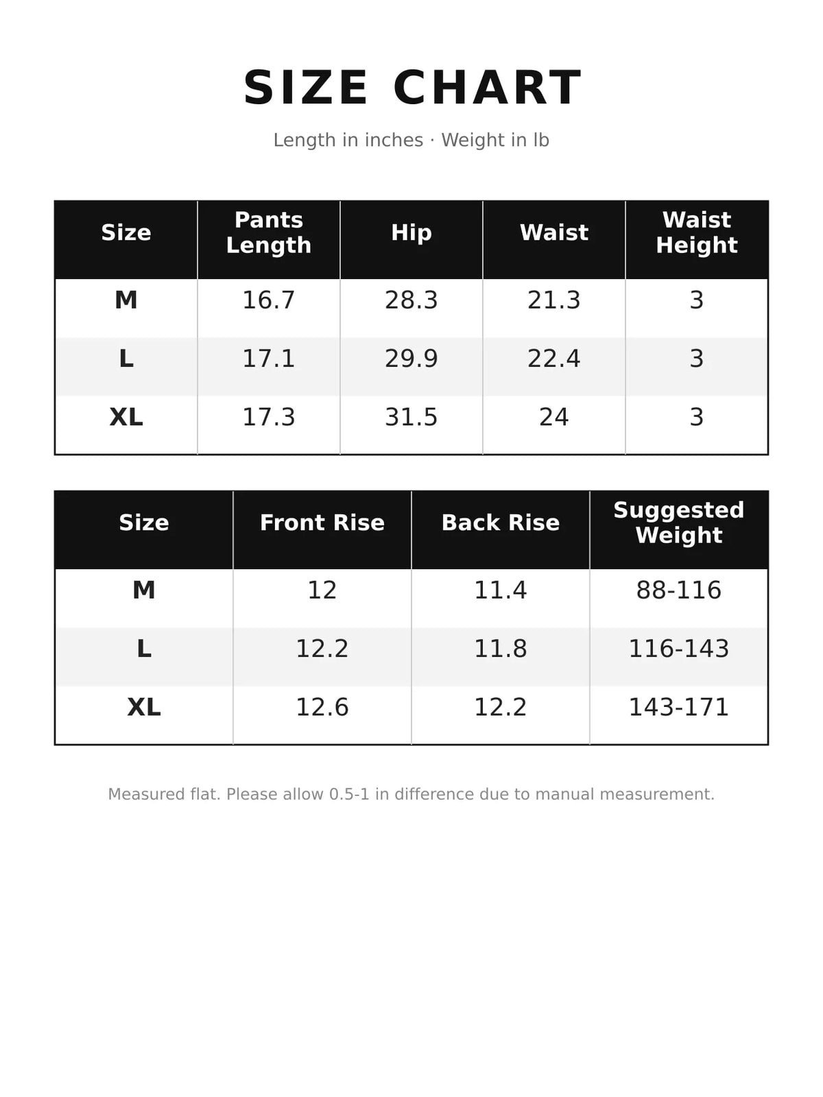 Size chart for women's high-waisted long-leg underwear shorts