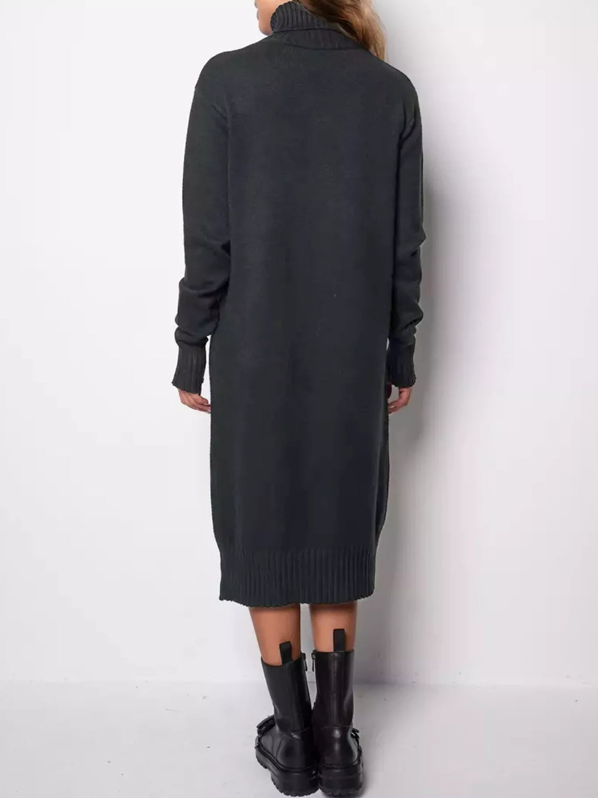 Dark gray turtleneck sweater dress, back view