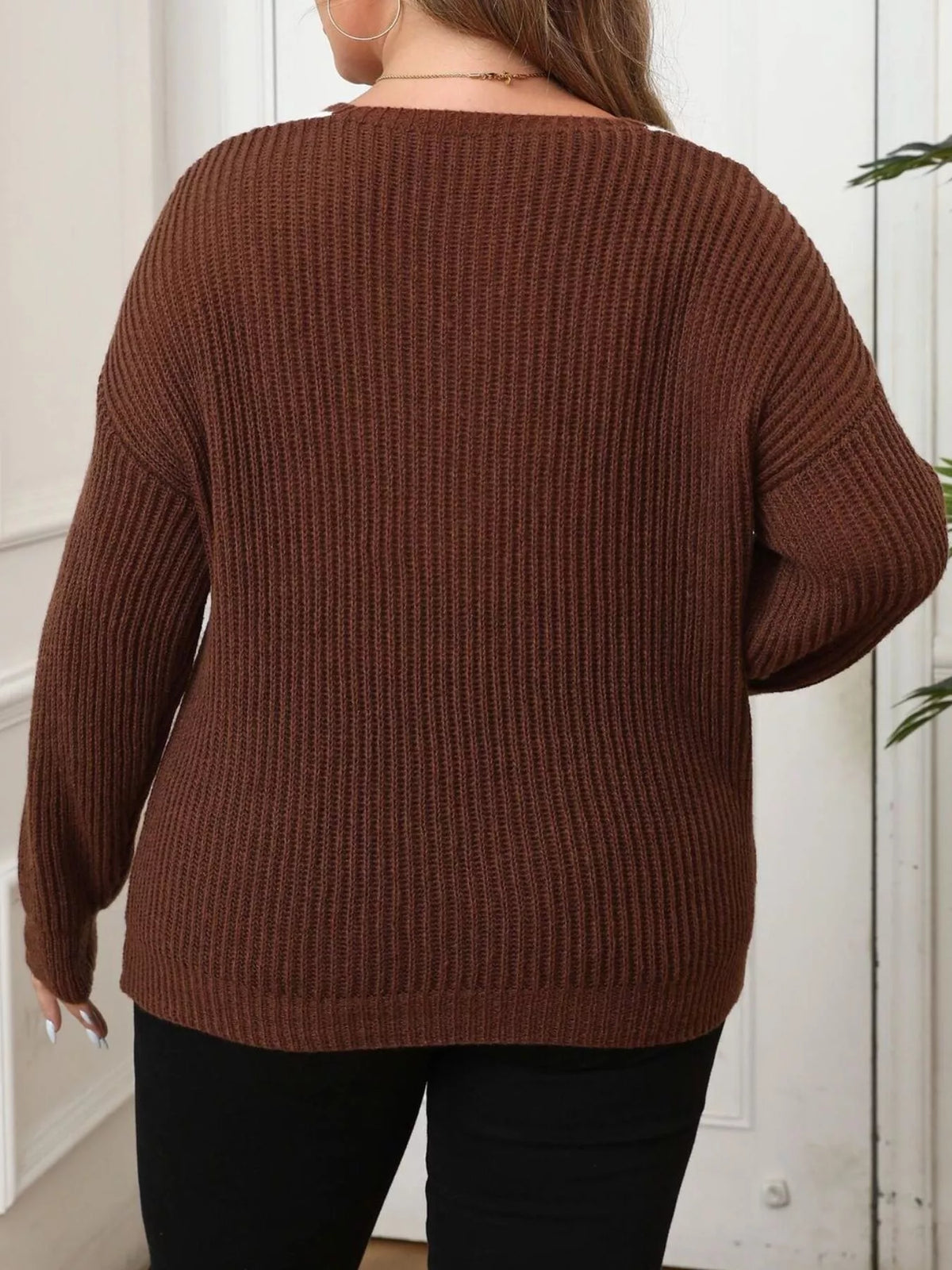 Trendsi Plus Size Contrast Trim Button-Decorated Sweater -
