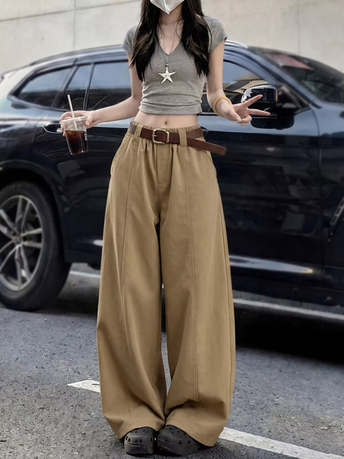 Khaki wide-leg pants