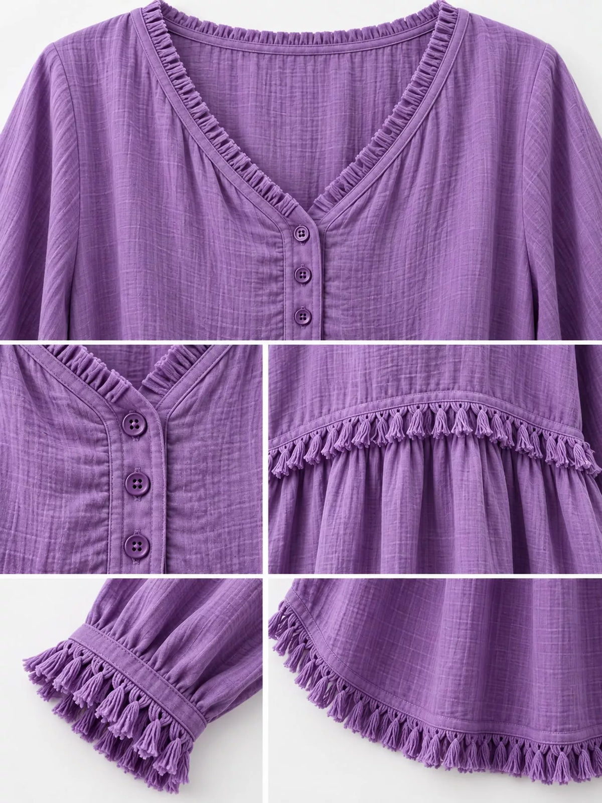 Fringe-trim blouse, purple detail collage