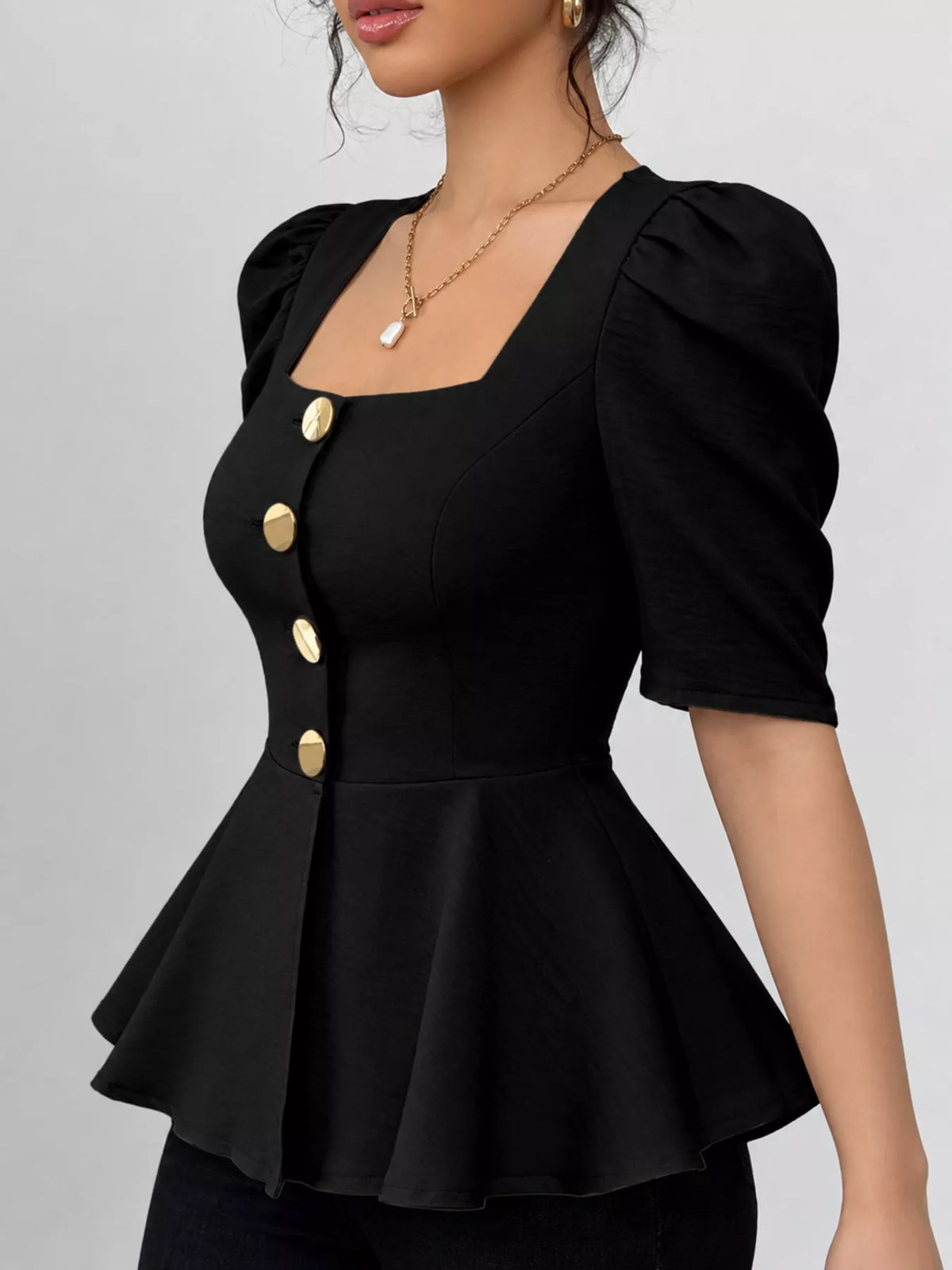 Women's Square Neck Puff Sleeve Peplum Blouse in black — side view