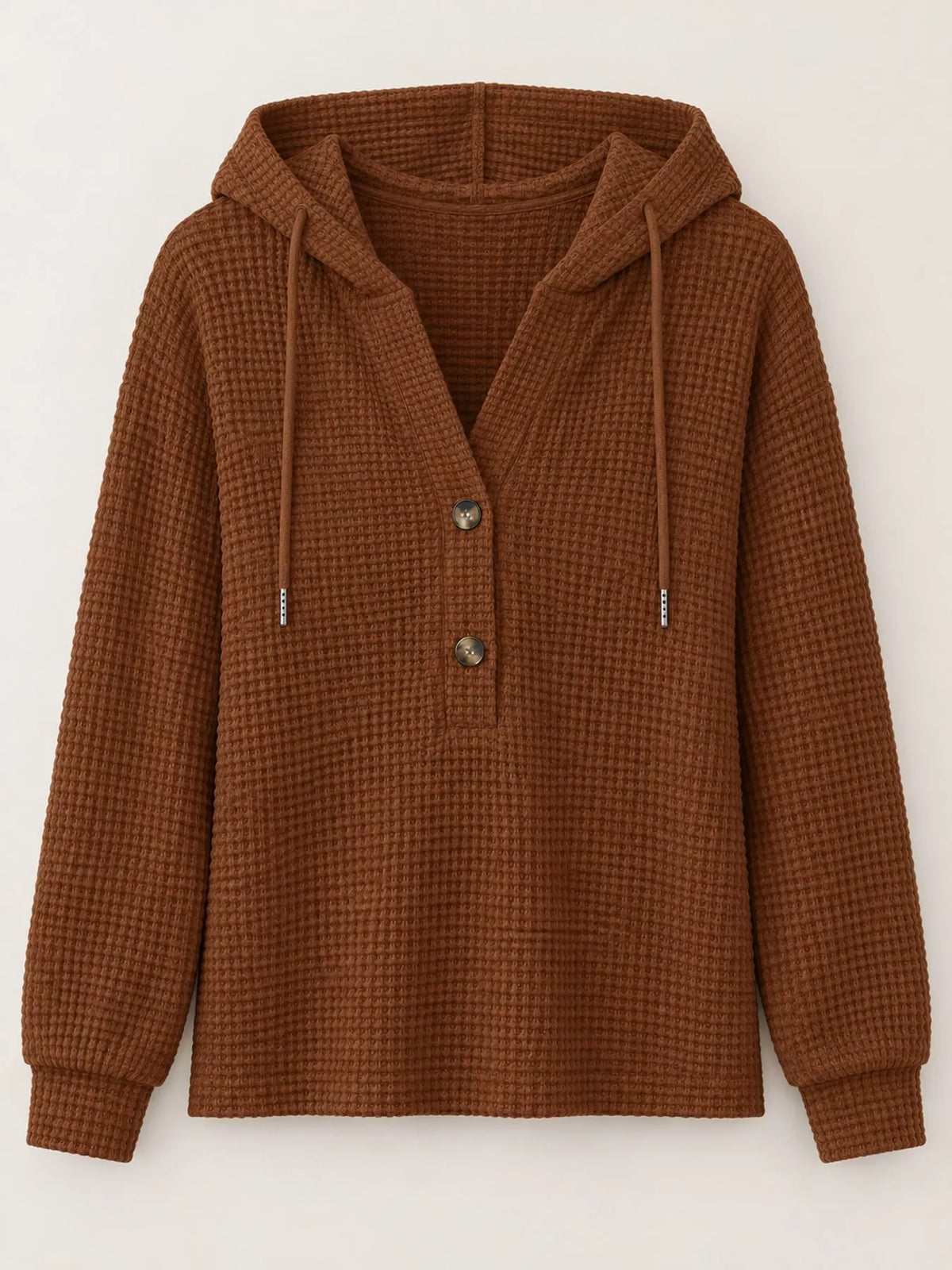 Brown waffle knit button-detail hoodie, product view