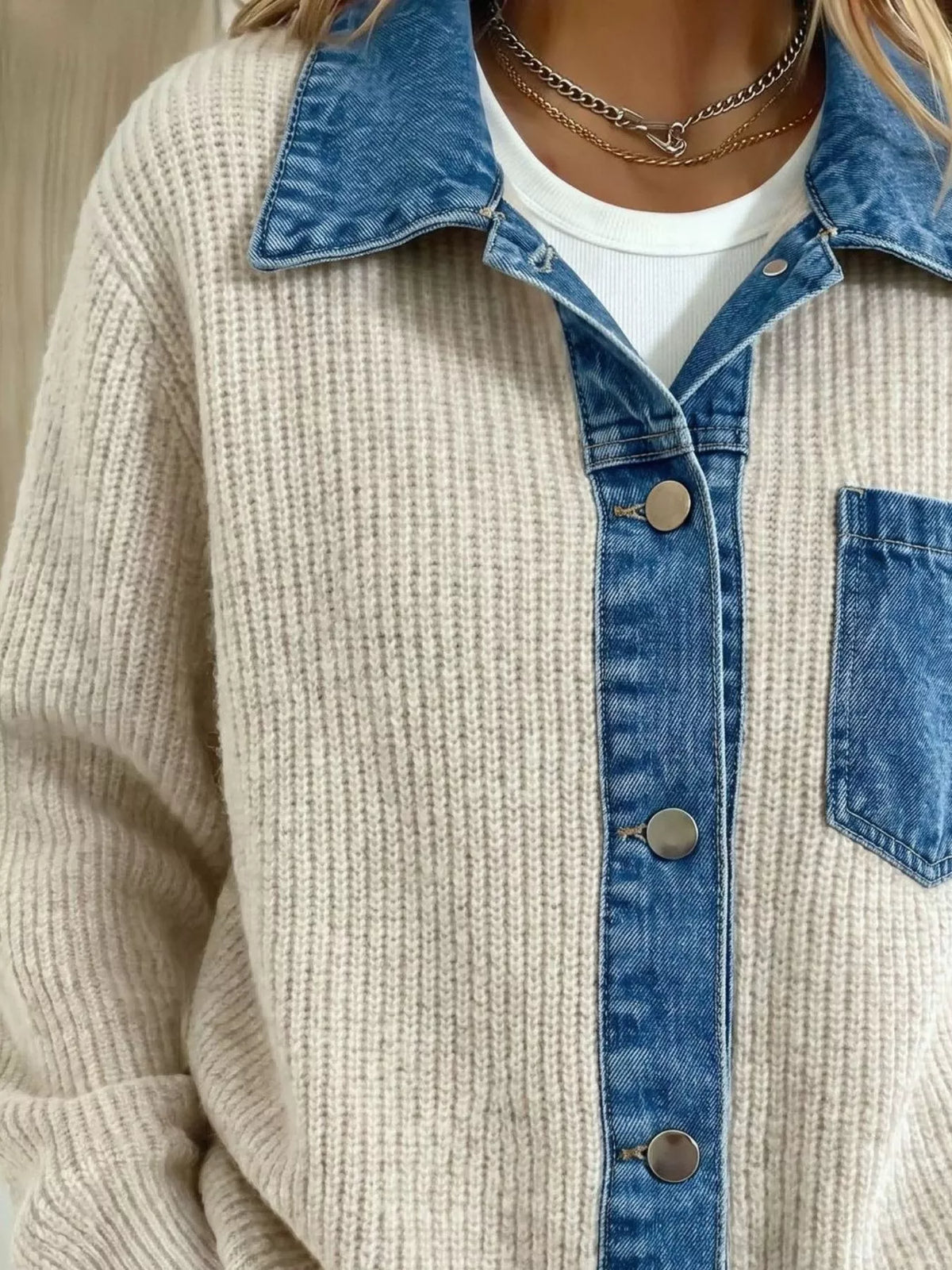 Beige Denim Trim Button-Up Cardigan alternate view