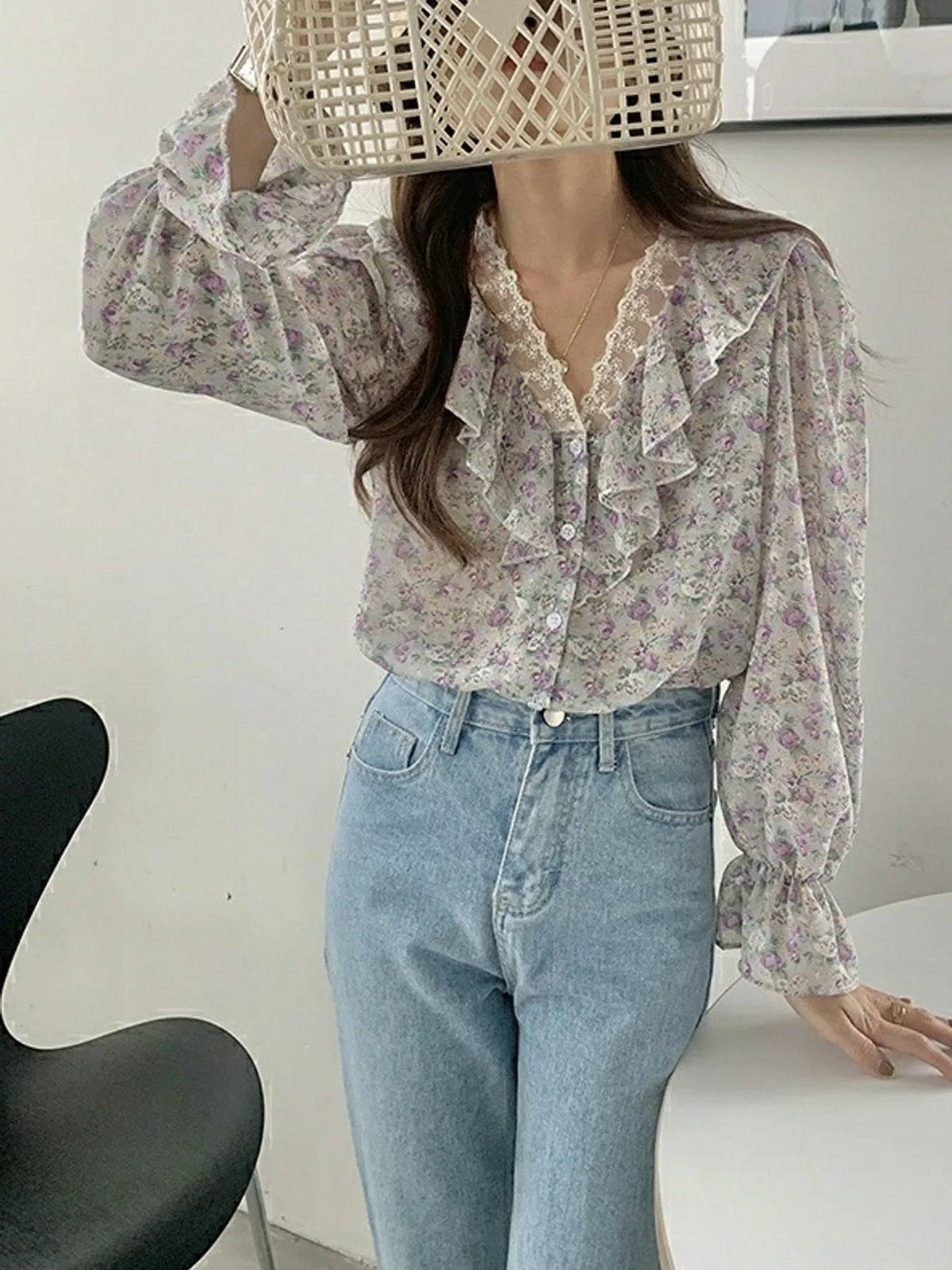 Floral Ruffle Lace Trim V-Neck Shirt — front view