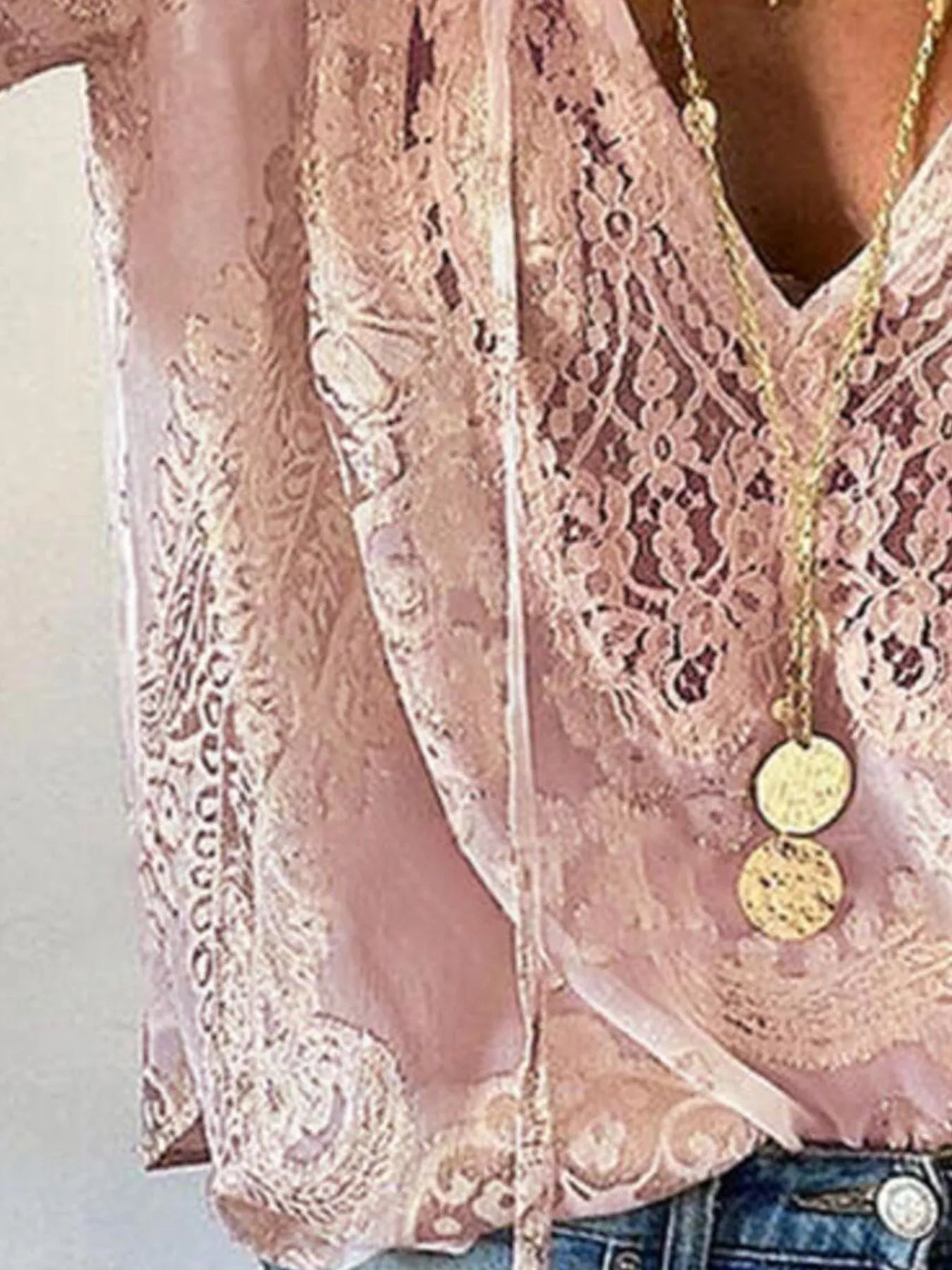 Trendsi Lace Tie Neck Long Sleeve Blouse -