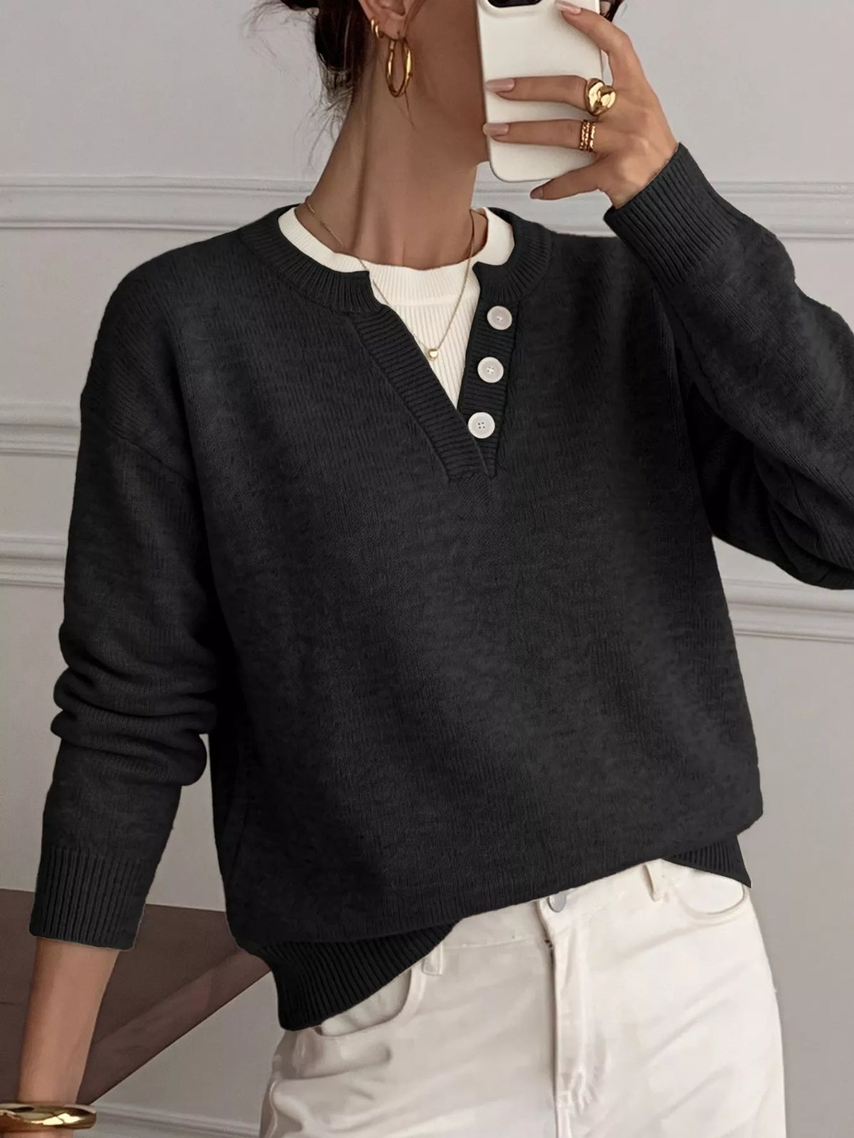 Trendsi Decor Button-Placket Ribbed Knit Sweater -