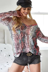 Trendsi BiBi Snakeskin Print Low Gauge Hacci V Neck Top -
