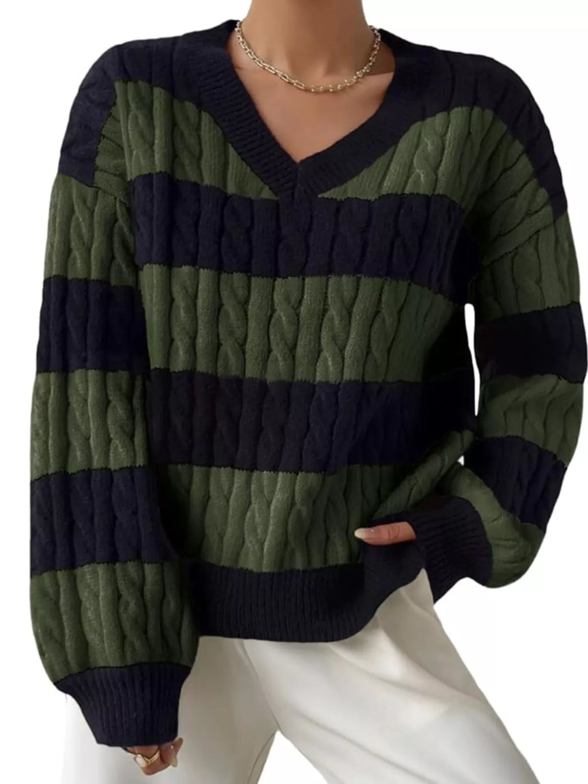 Women's V-Neck Striped Cable Knit Sweater in Military Green, front view