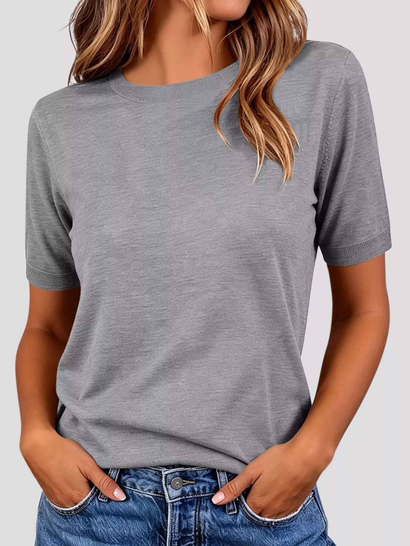 Trendsi Classic Crew Neck Short Sleeve Knit Top -