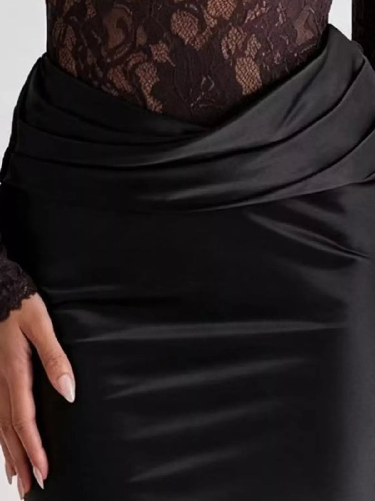 Black lace and satin maxi dress, satin waist detail