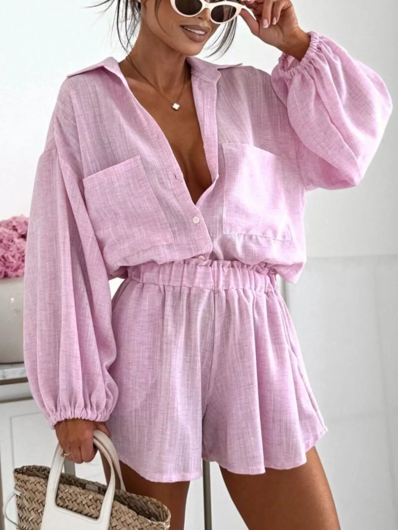 Trendsi Long Sleeve Shirt and High-Waisted Shorts Set -