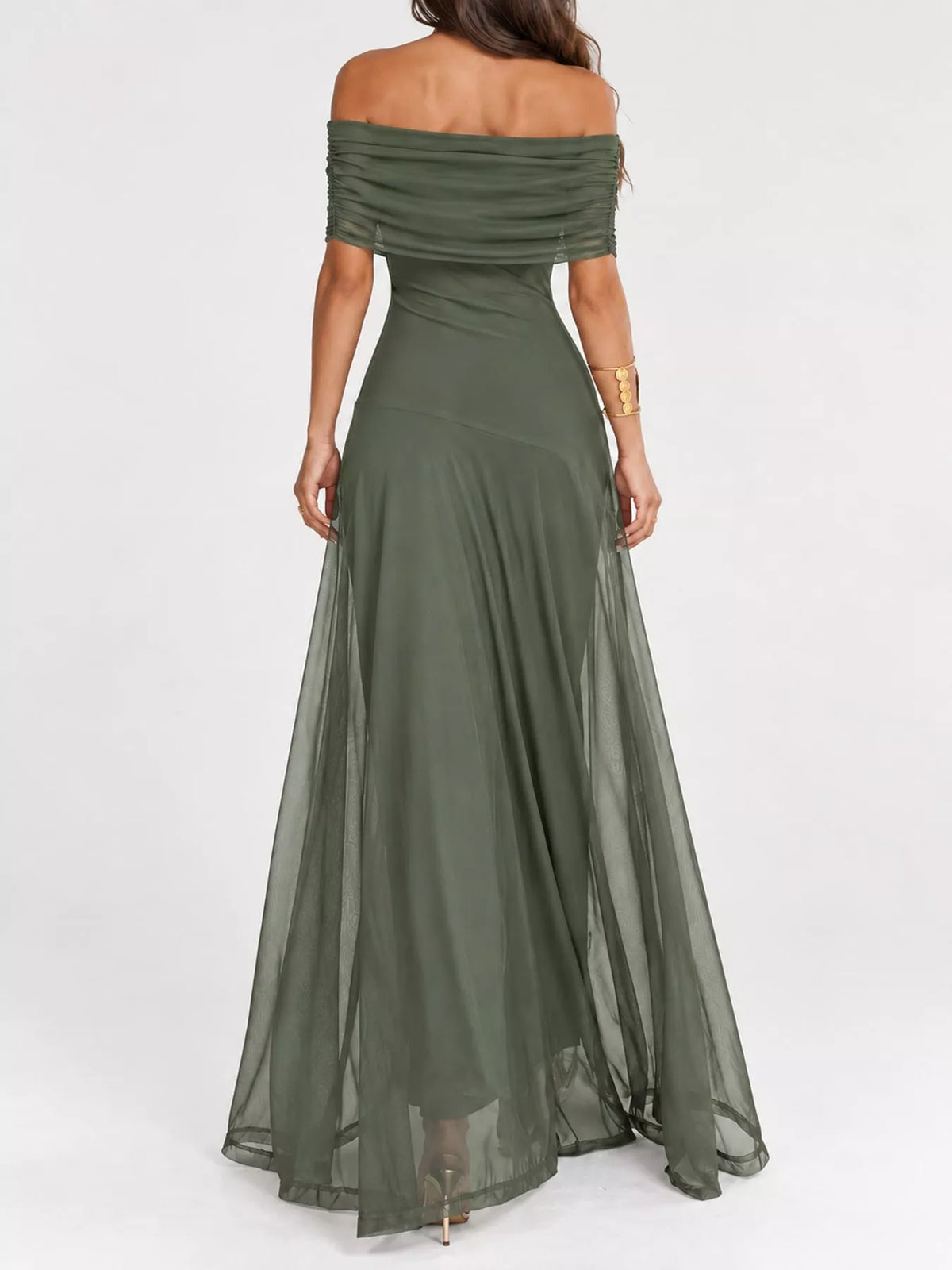 Green off-shoulder ruched maxi dress — back view