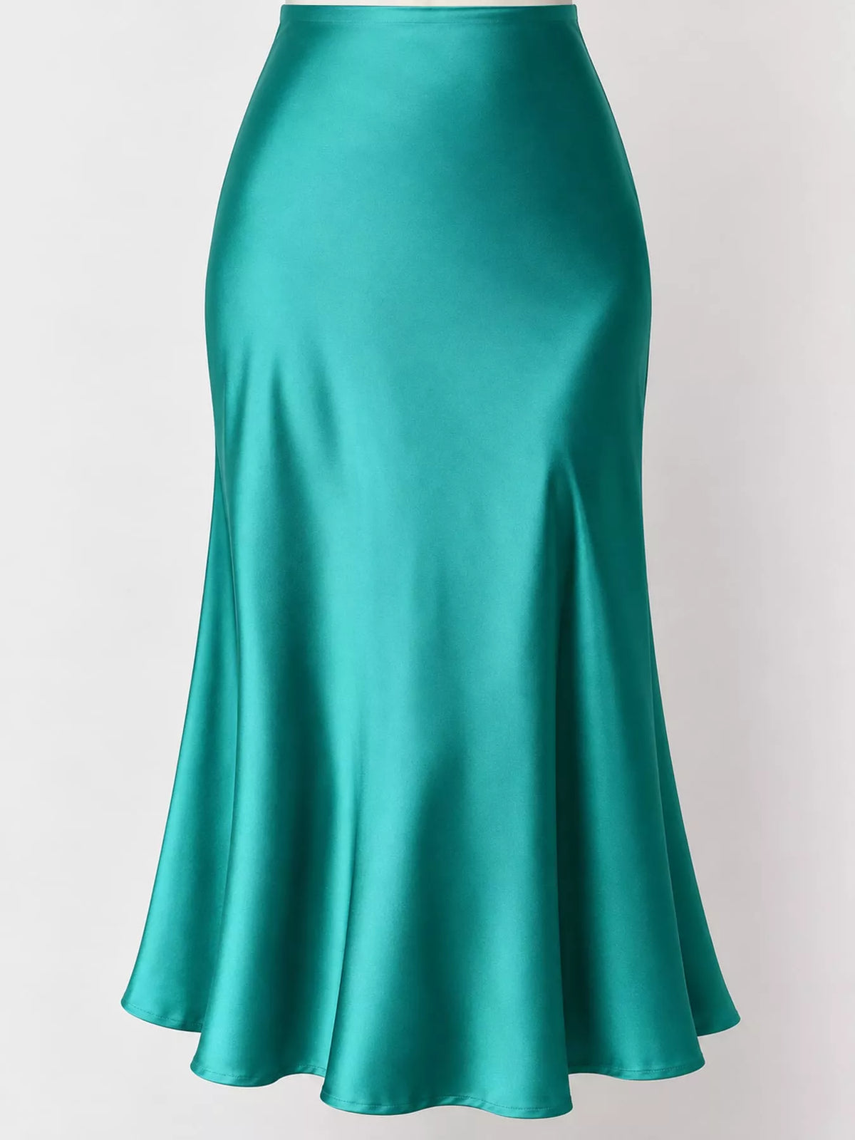 Satin midi skirt, teal hem view