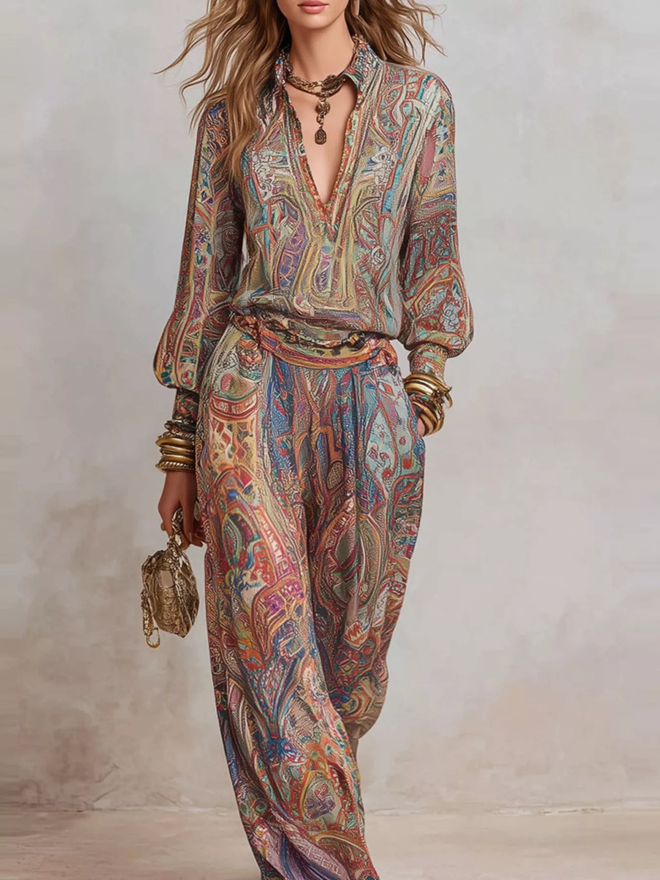 Trendsi Paisley Print Long Sleeve Top and Pants Set -