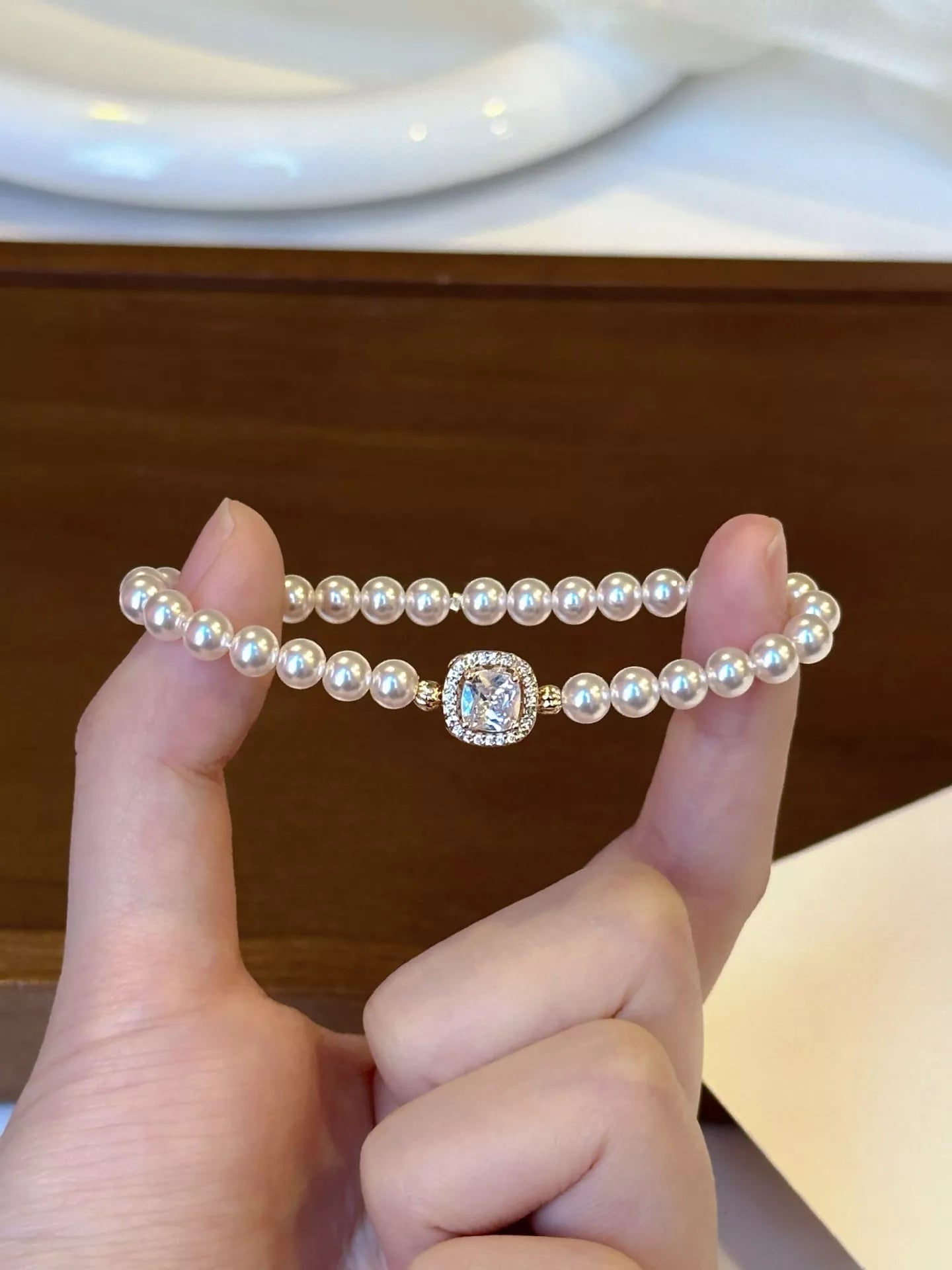 Women's 18K Gold-Plated Pearl Bracelet With Square Zircon Center