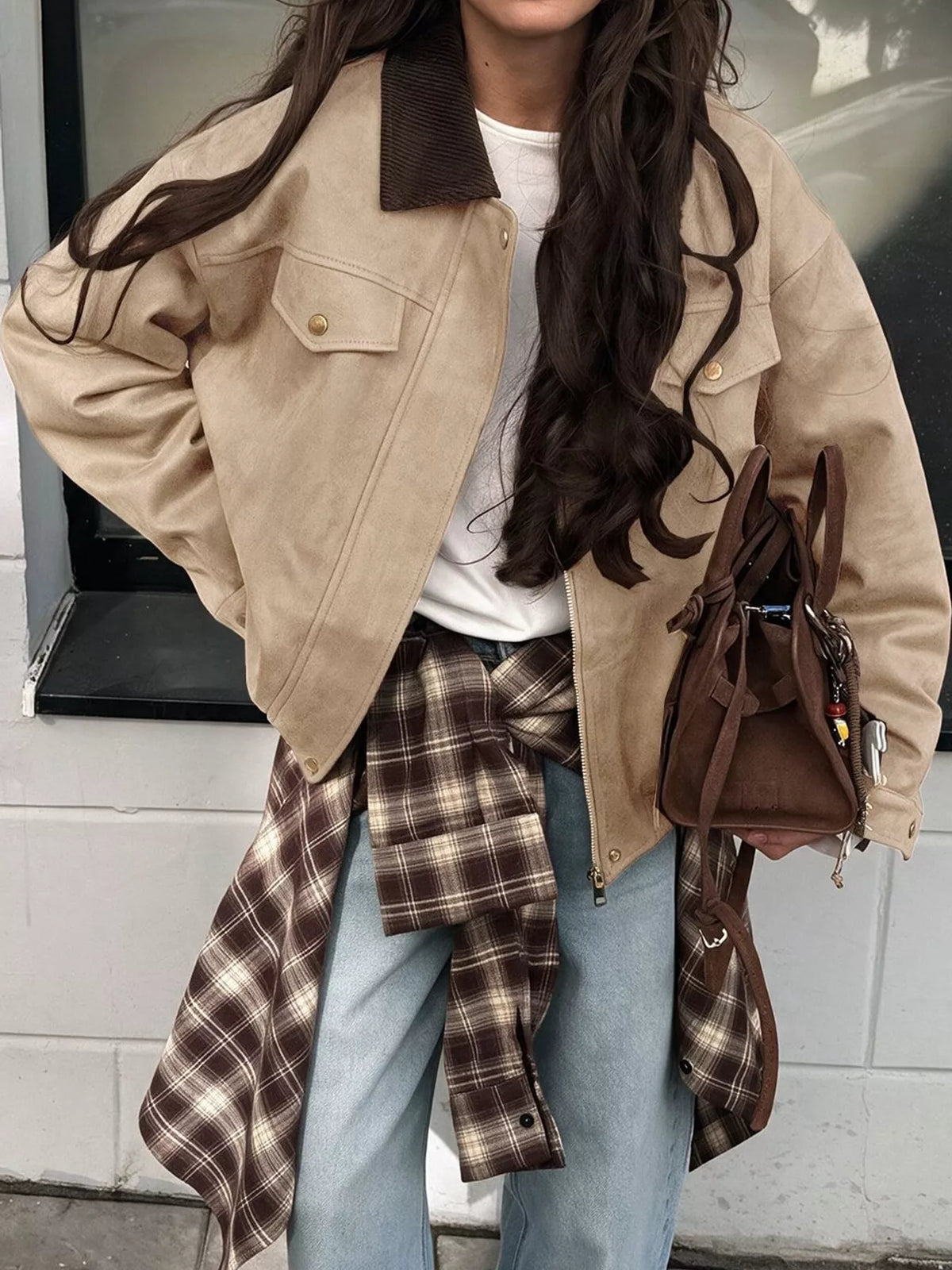 Beige zip-up dropped shoulder jacket — front view
