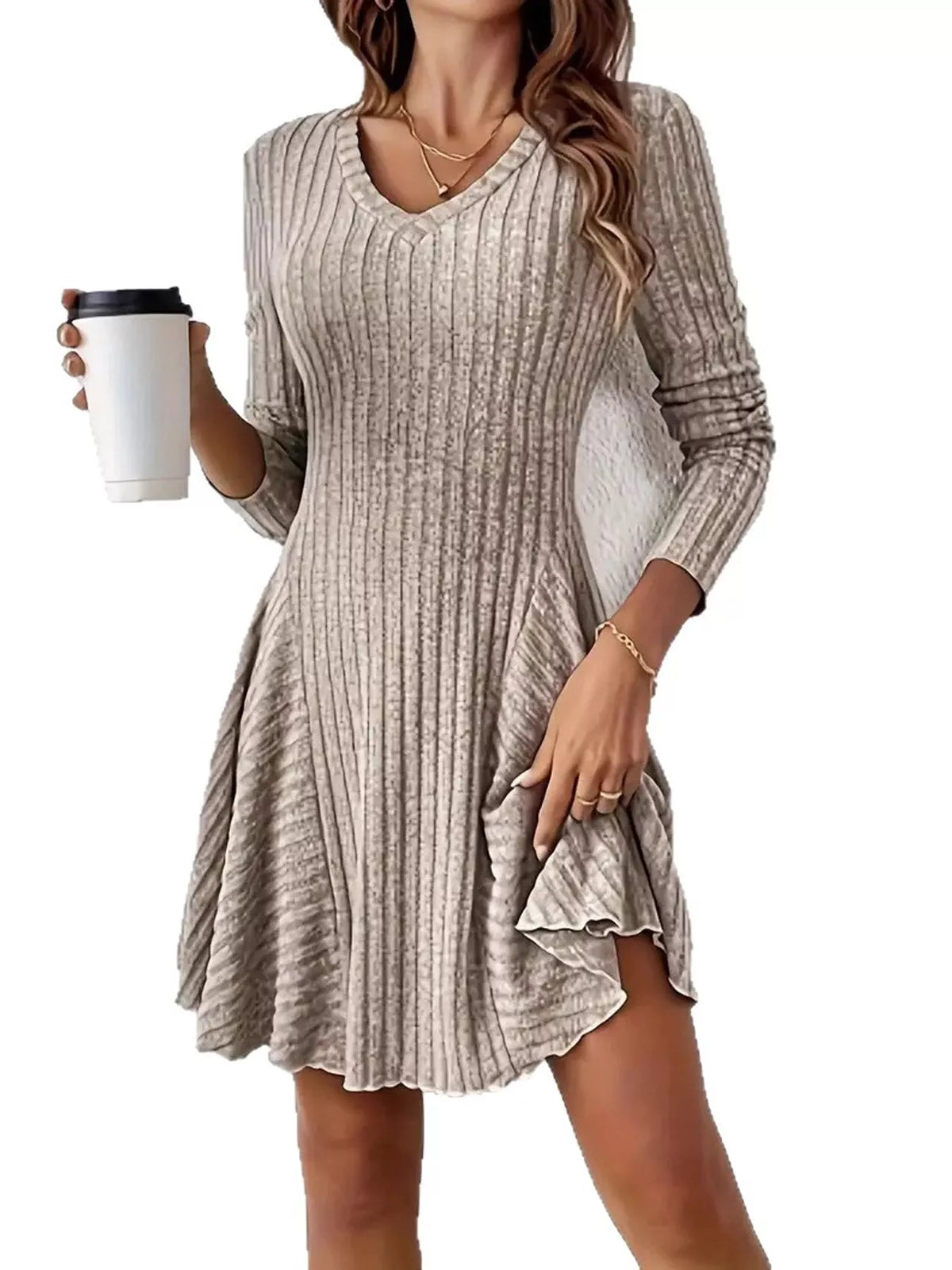Ribbed mini dress, beige front
