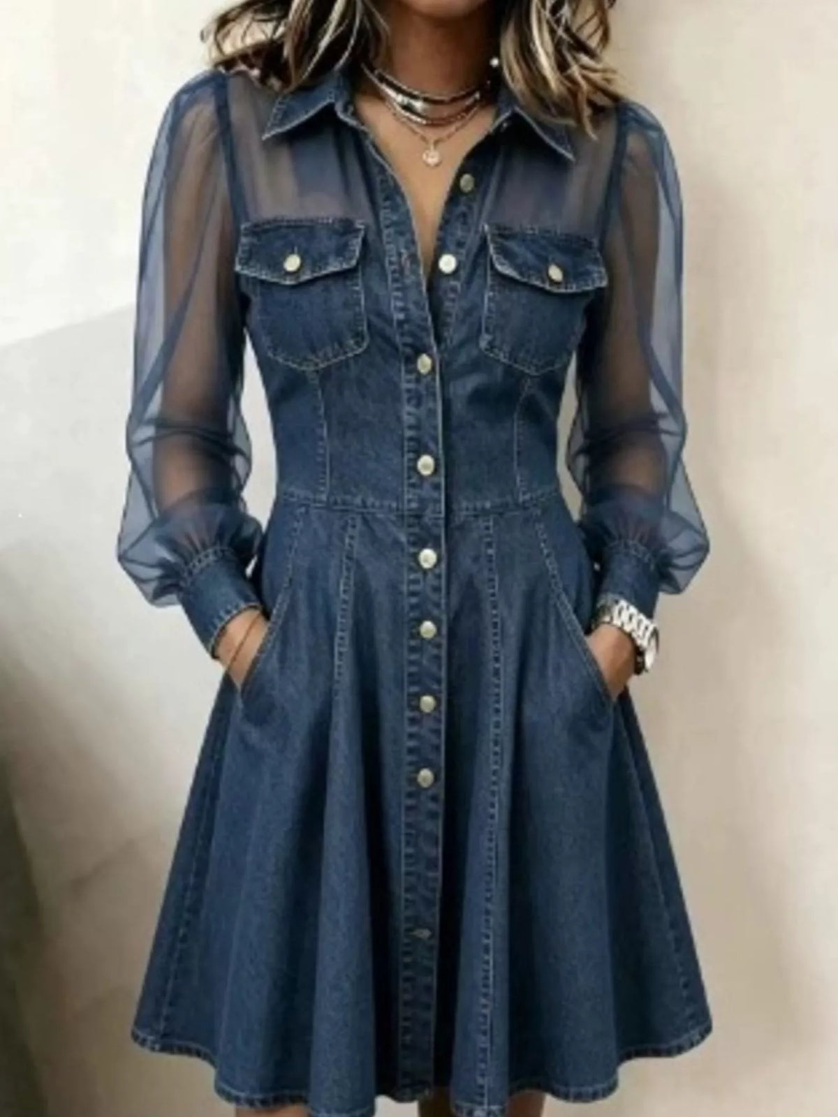 Dark blue sheer mesh long sleeves shirt dress — front view