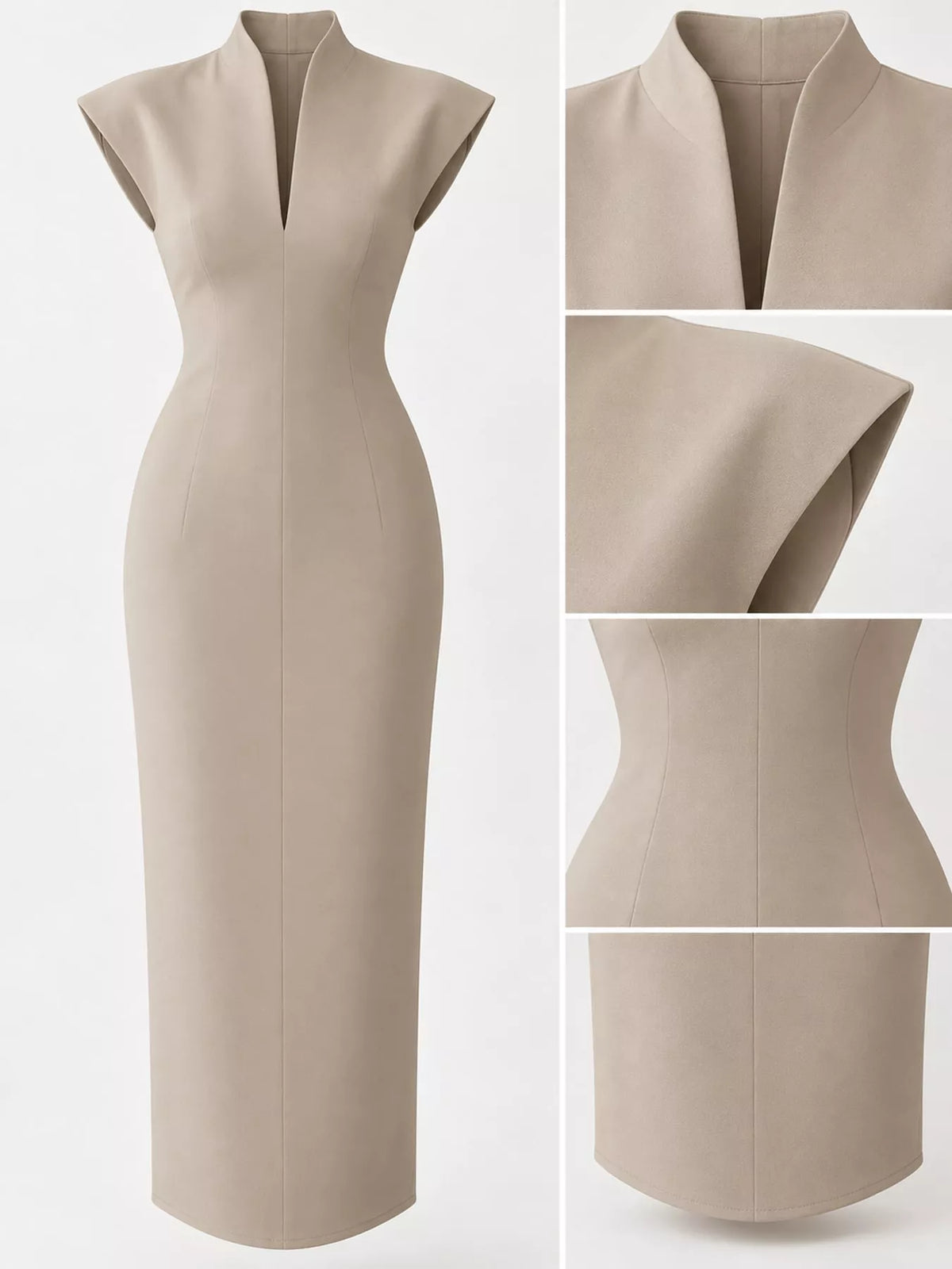 Women's Slit Sleeveless Bodycon Midi Dress in beige — detail collage view