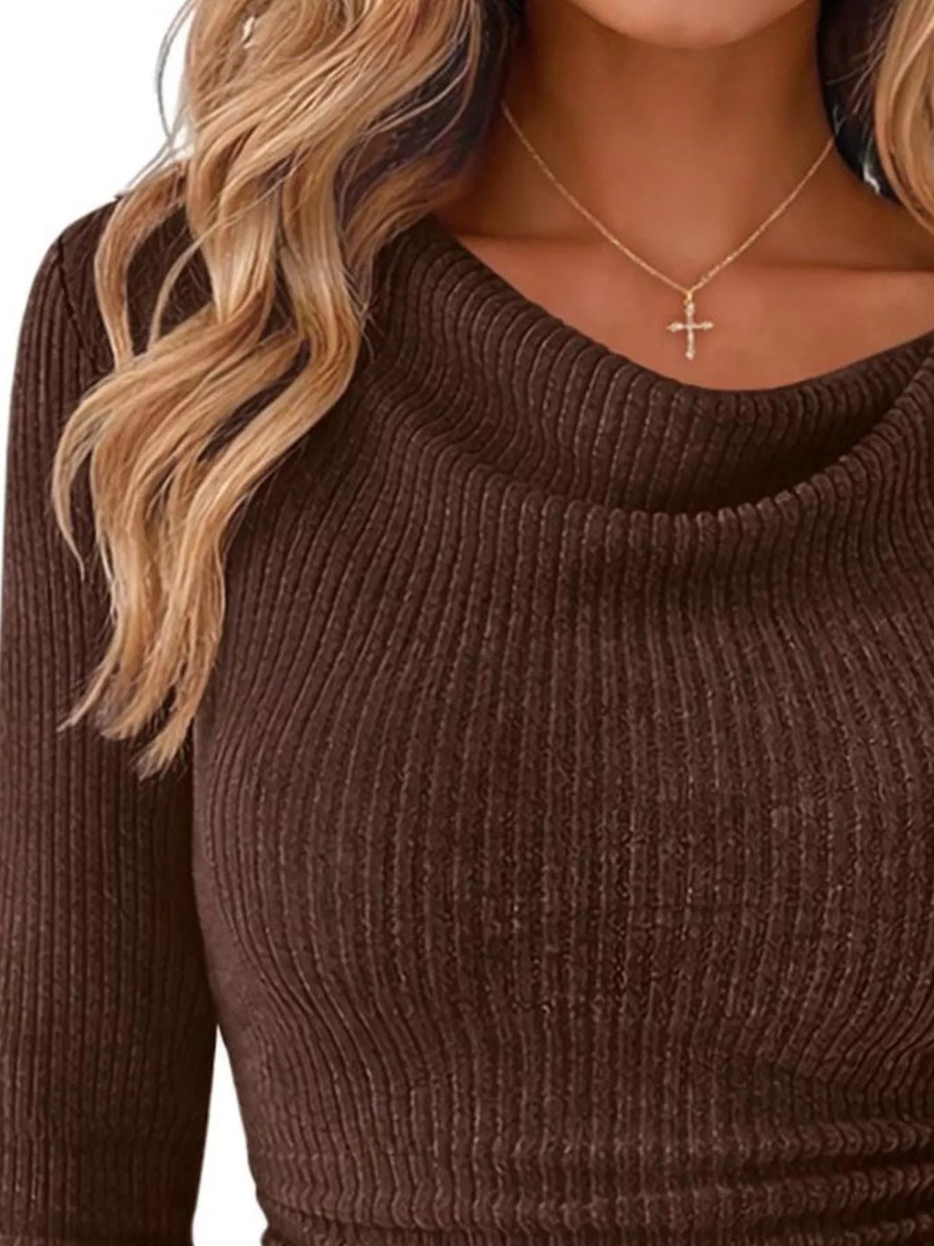 Trendsi Ribbed Knit Cowl Neck Flared Sleeves Top -