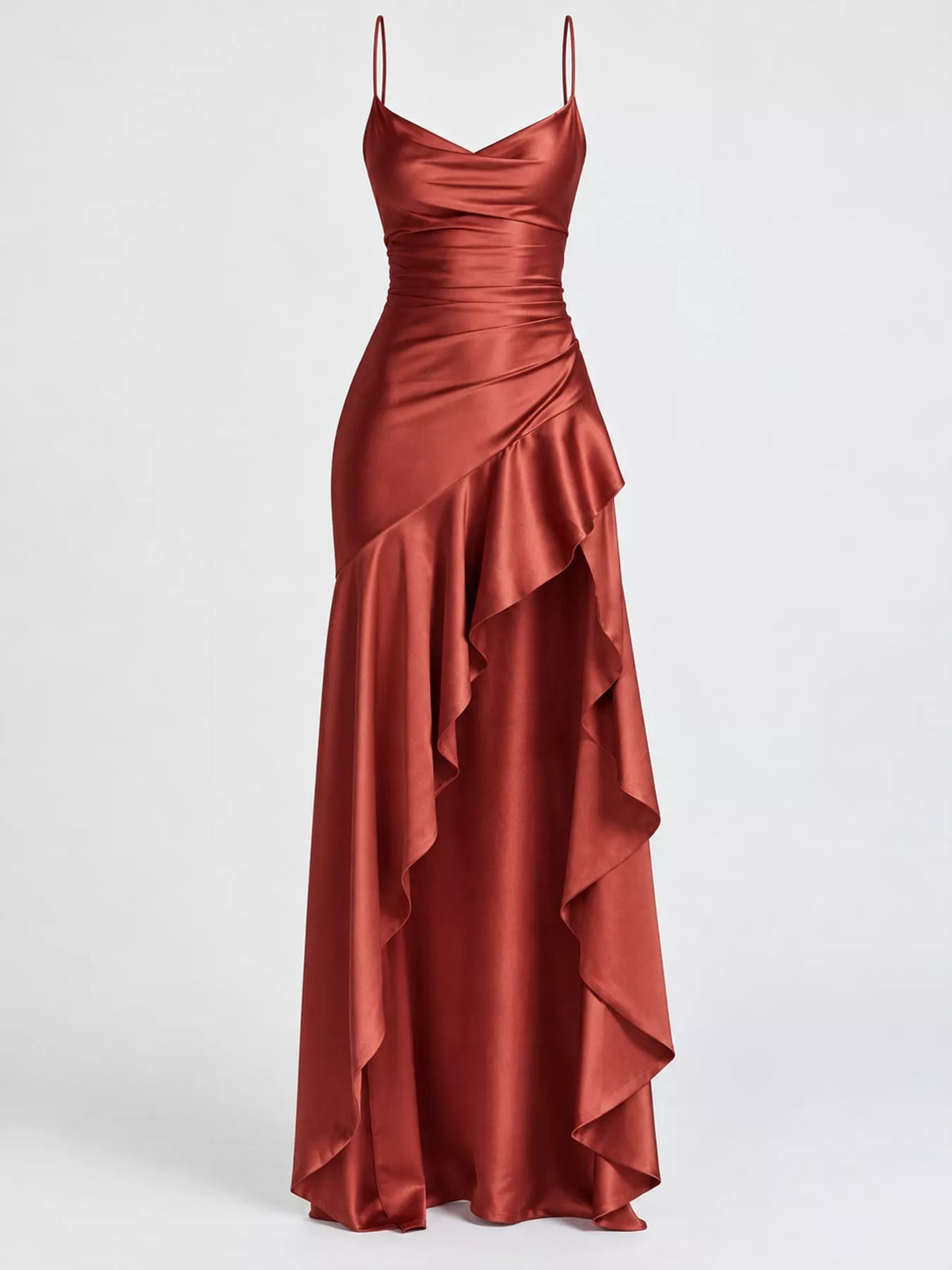 Rust high-low ruffle-hem evening dress, product view