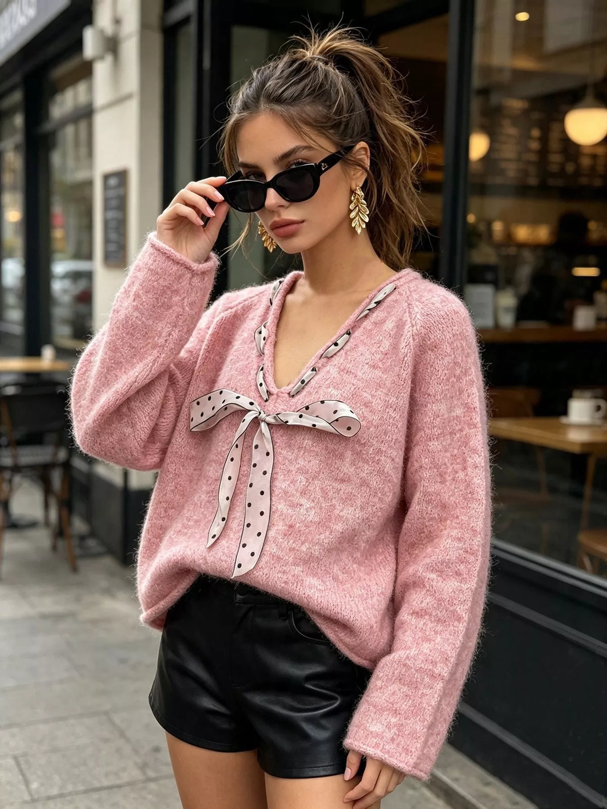 Pink v-neck knit top with polka dot ribbon tie, front with raised hand.