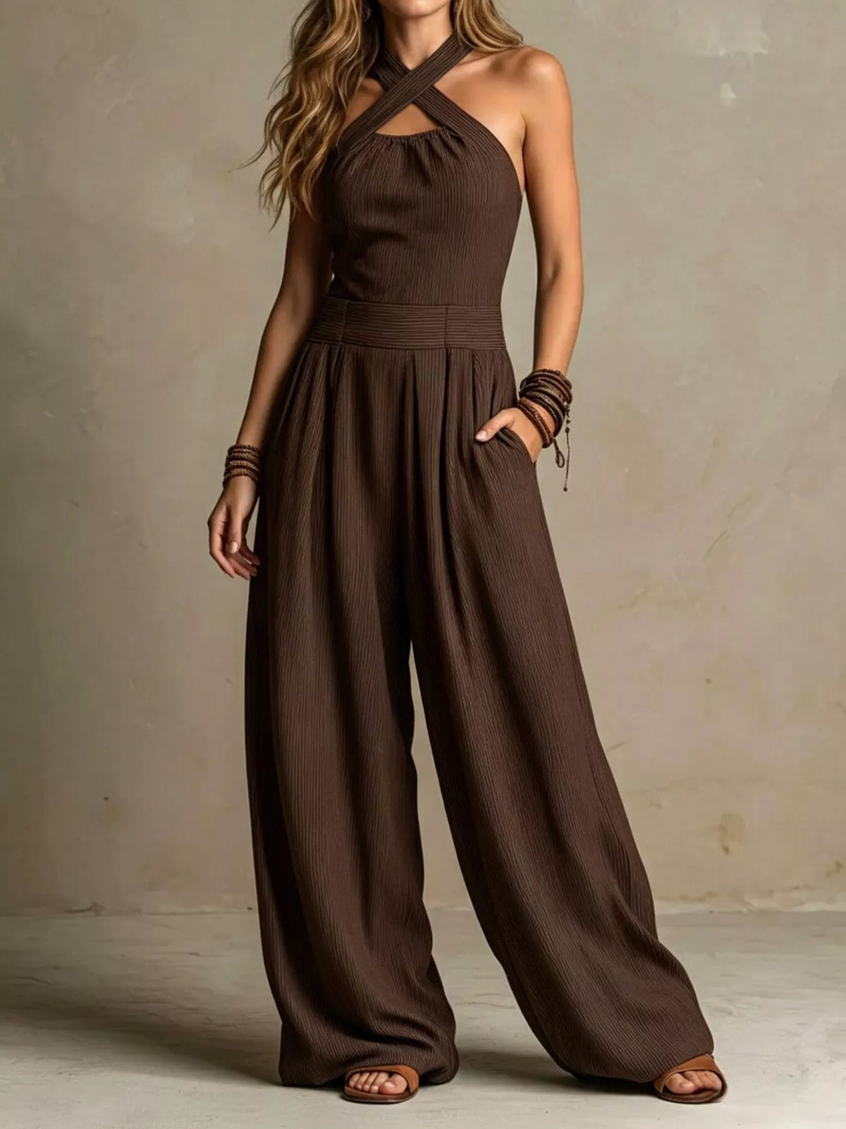 Dark Brown Halter Neck Wide-Leg Jumpsuit front view