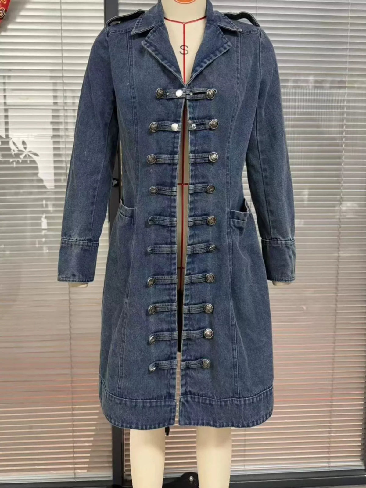 Blue decorative button longline denim jacket