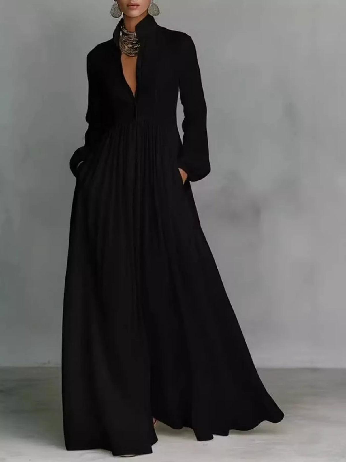 Black long sleeve button-front maxi dress