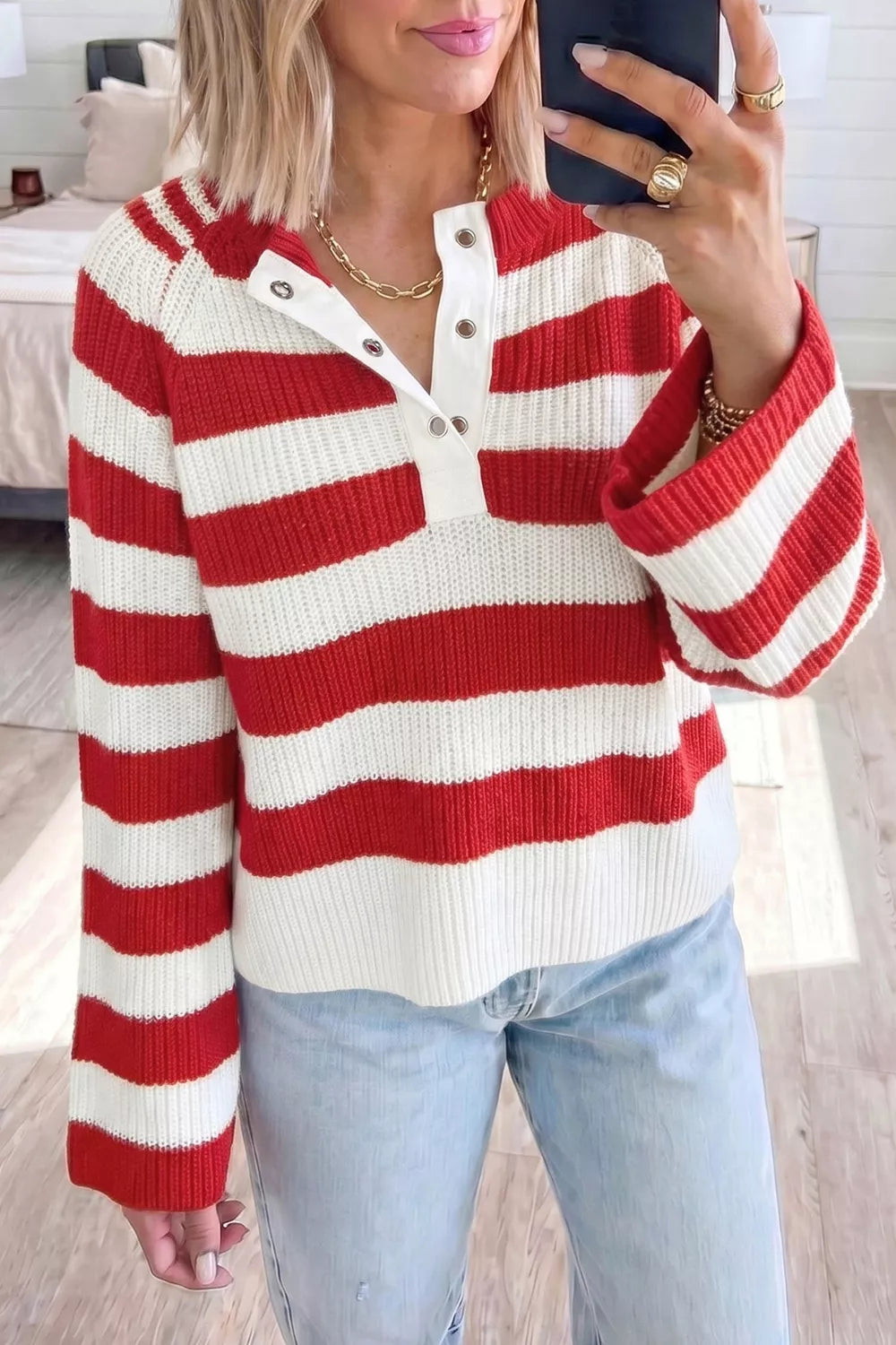 Striped colorblock V-neck long sleeve sweater