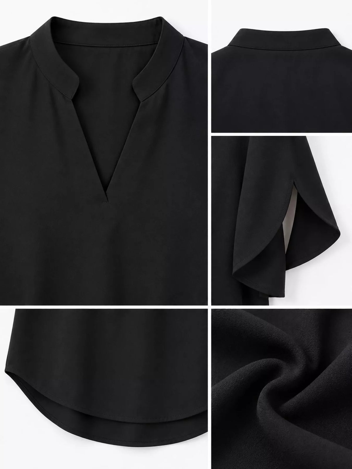 Women's Notched Slit Short Sleeve Blouse in black — detail collage view