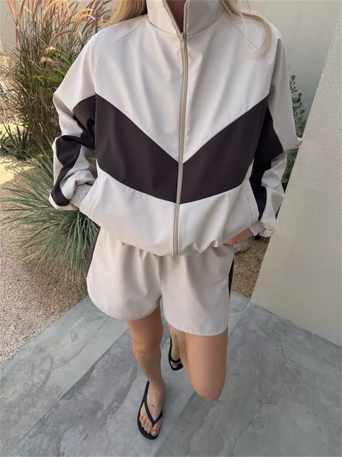 Trendsi Color-Block Zip-Up Jacket and Shorts Set -