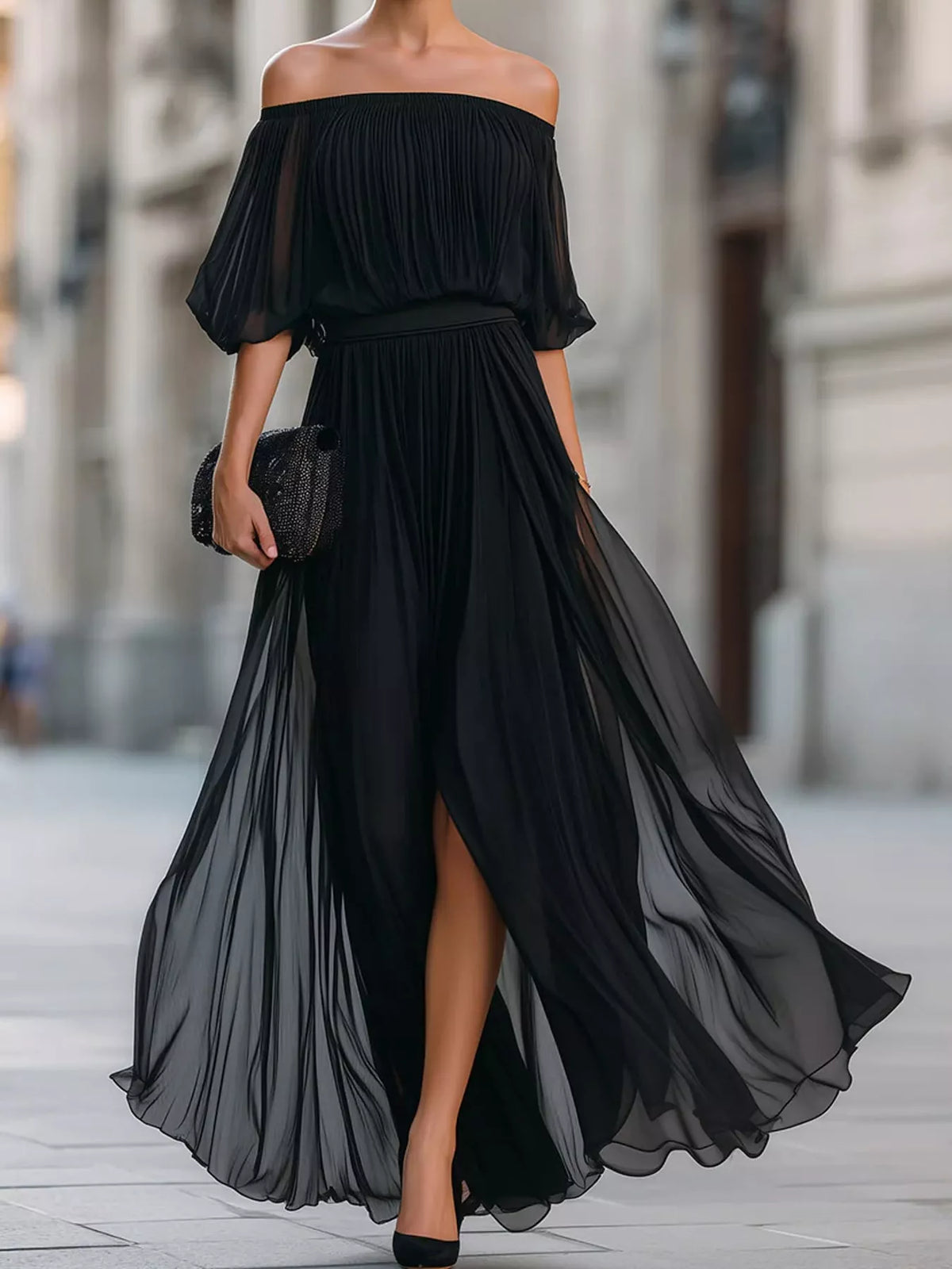 Black off shoulder ruched chiffon maxi dress, front view