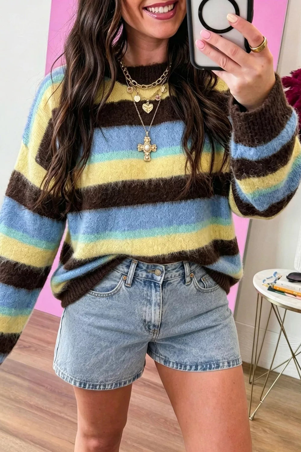 Women's Striped Fuzzy Dropped Shoulder Sweater in Stripe, front view