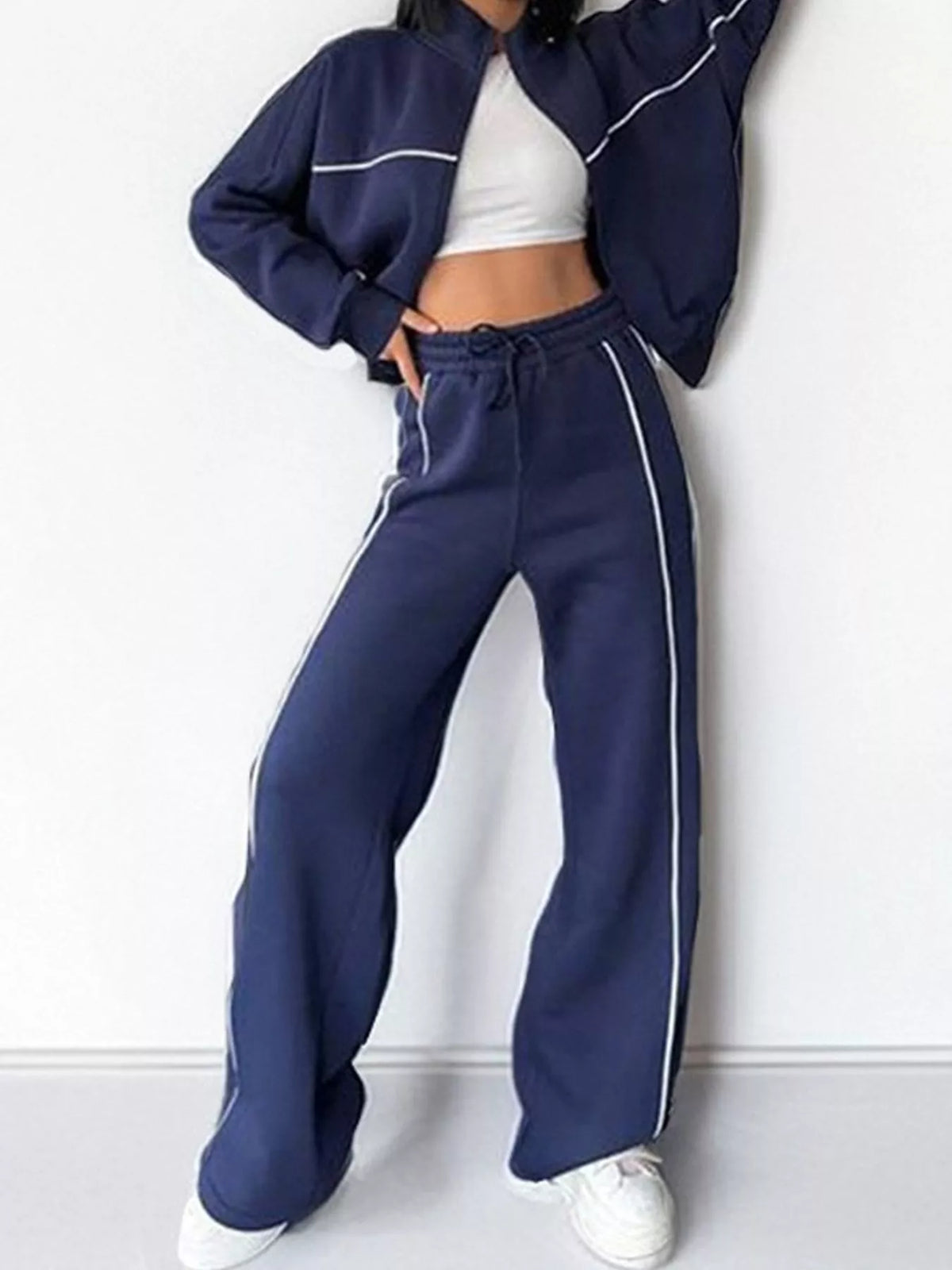 Blue zip-up jacket and wide-leg pants set
