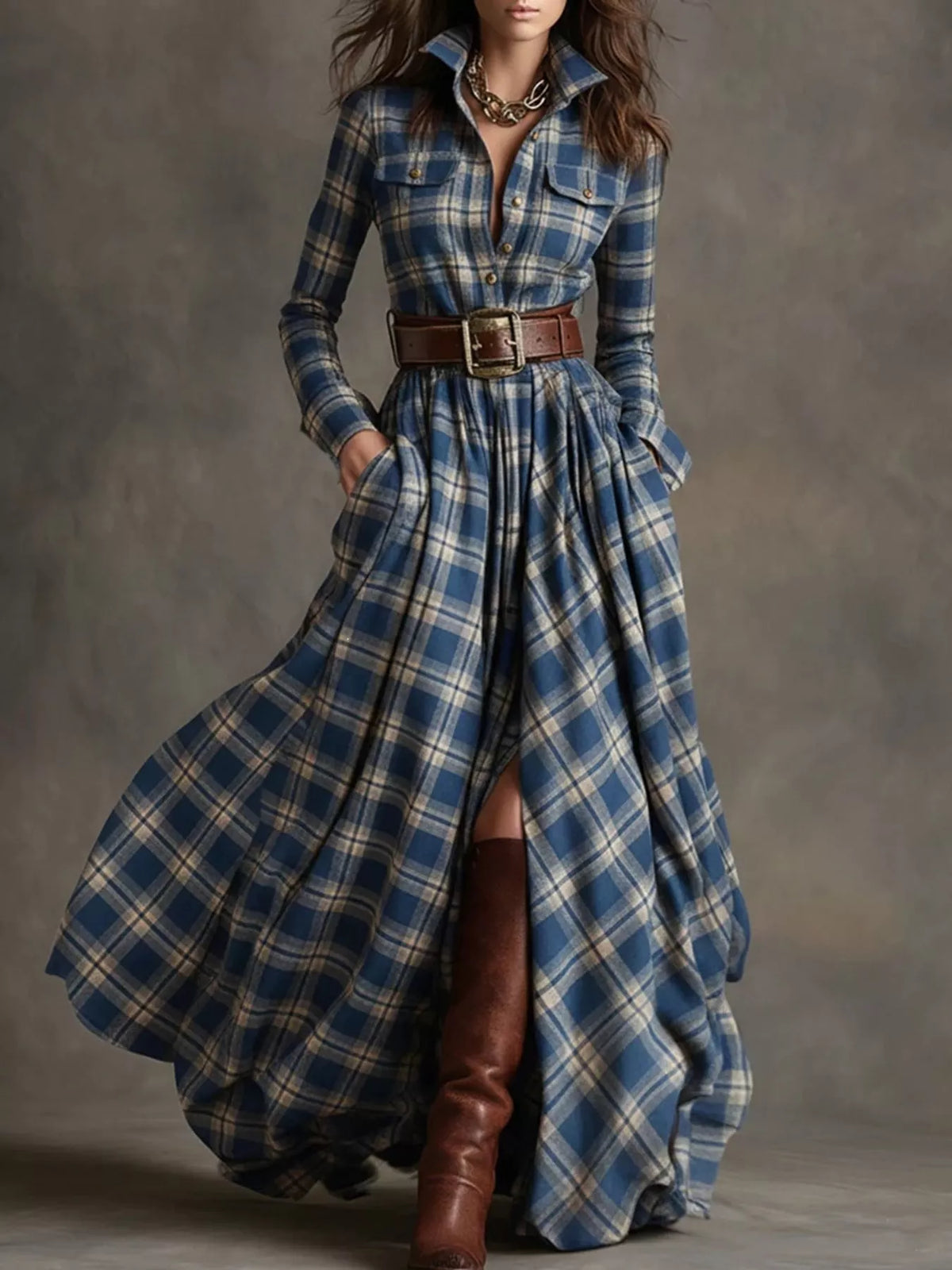 Vintage Plaid Button-Down Maxi Shirt Dress in blue with small checks